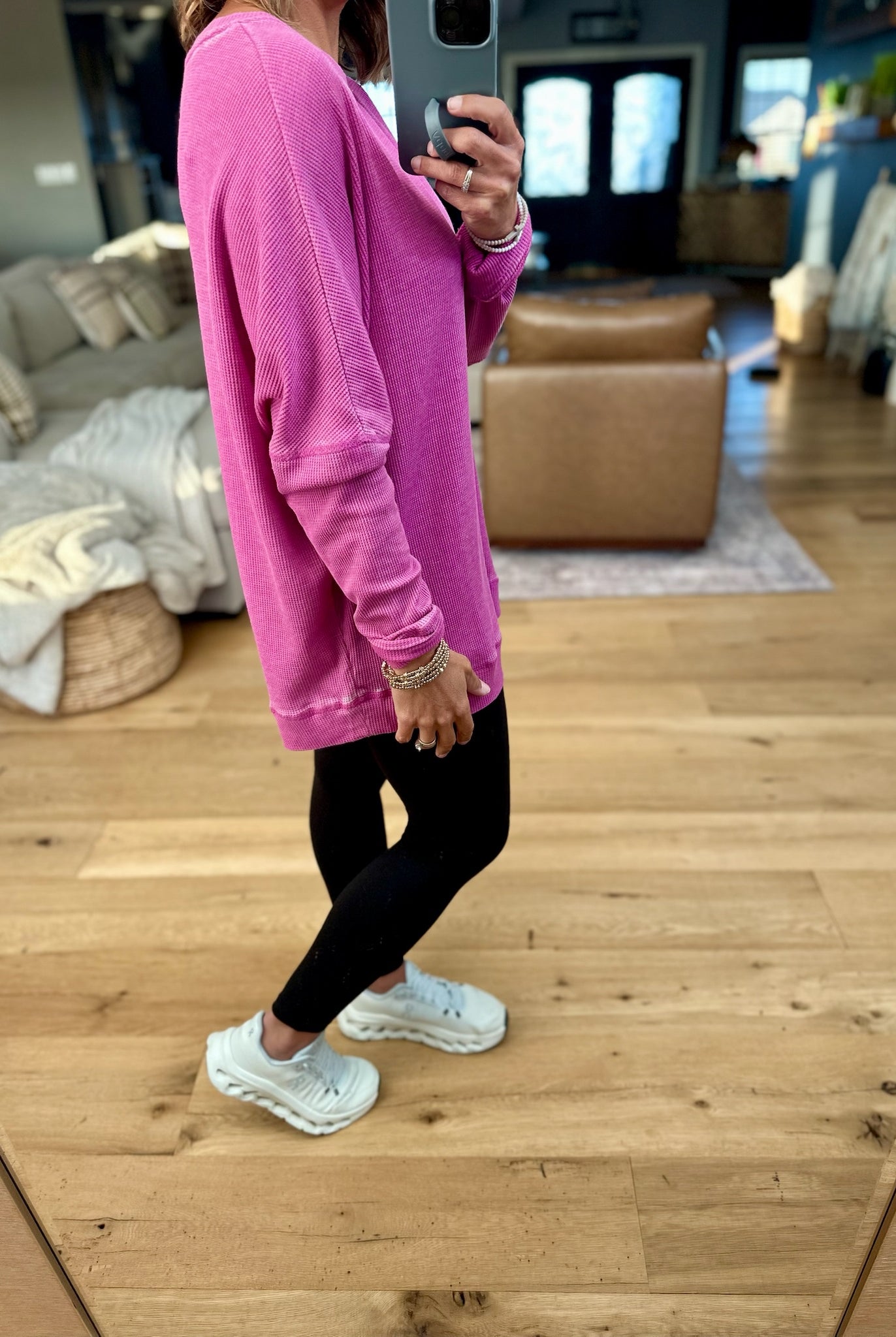 **Make It Happen Waffle Long Sleeve Top-Mono B-Anna Kaytes Boutique, Women's Fashion Boutique in Grinnell, Iowa