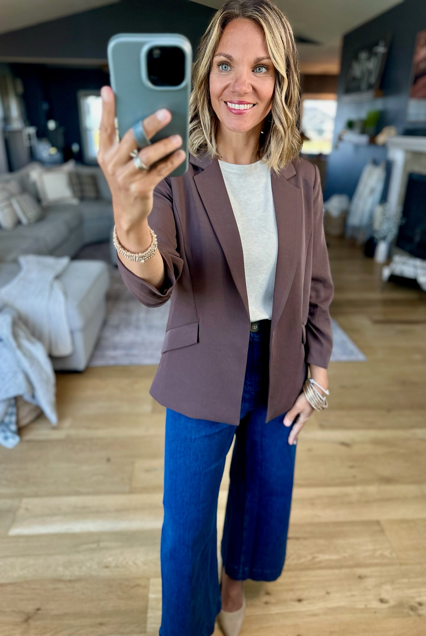 Daytime Decisions 3/4 Sleeve Blazer-Skies Are Blue-Anna Kaytes Boutique, Women's Fashion Boutique in Grinnell, Iowa