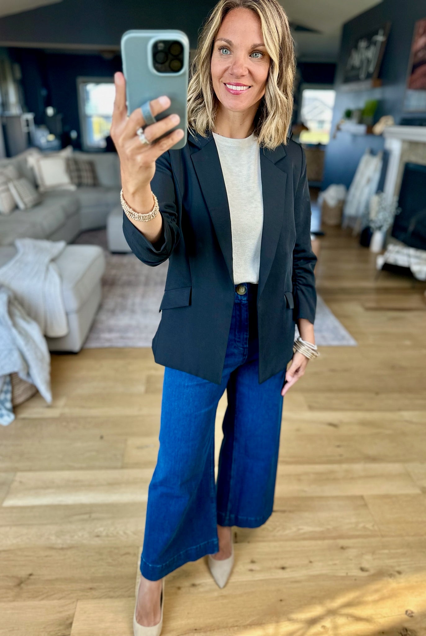 Daytime Decisions 3/4 Sleeve Blazer-Skies Are Blue-Anna Kaytes Boutique, Women's Fashion Boutique in Grinnell, Iowa