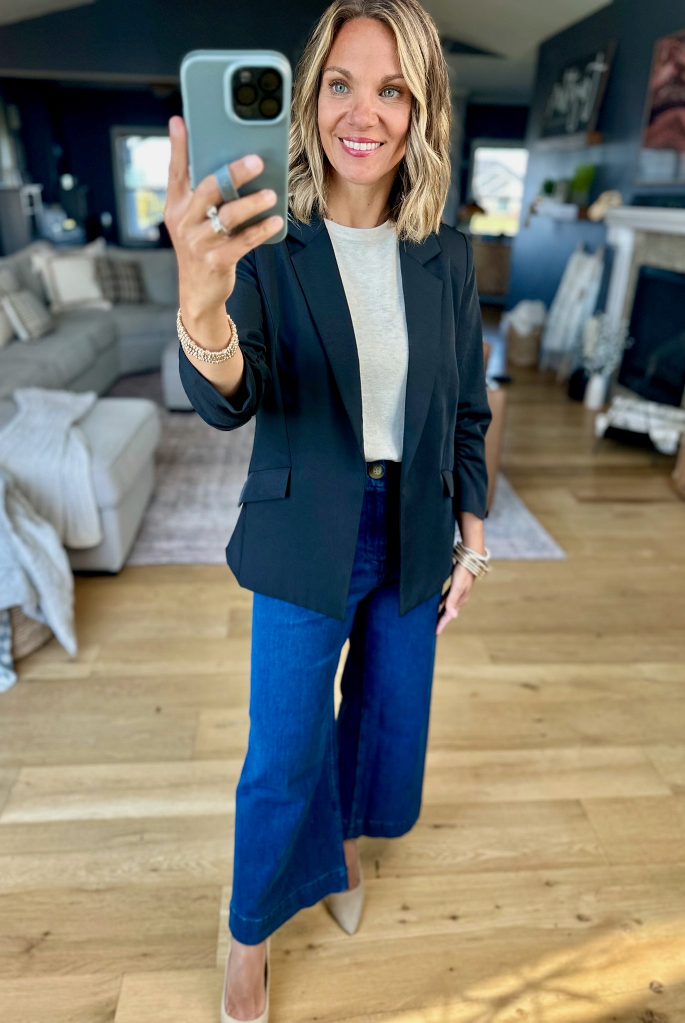 Daytime Decisions 3/4 Sleeve Blazer-Skies Are Blue-Anna Kaytes Boutique, Women's Fashion Boutique in Grinnell, Iowa