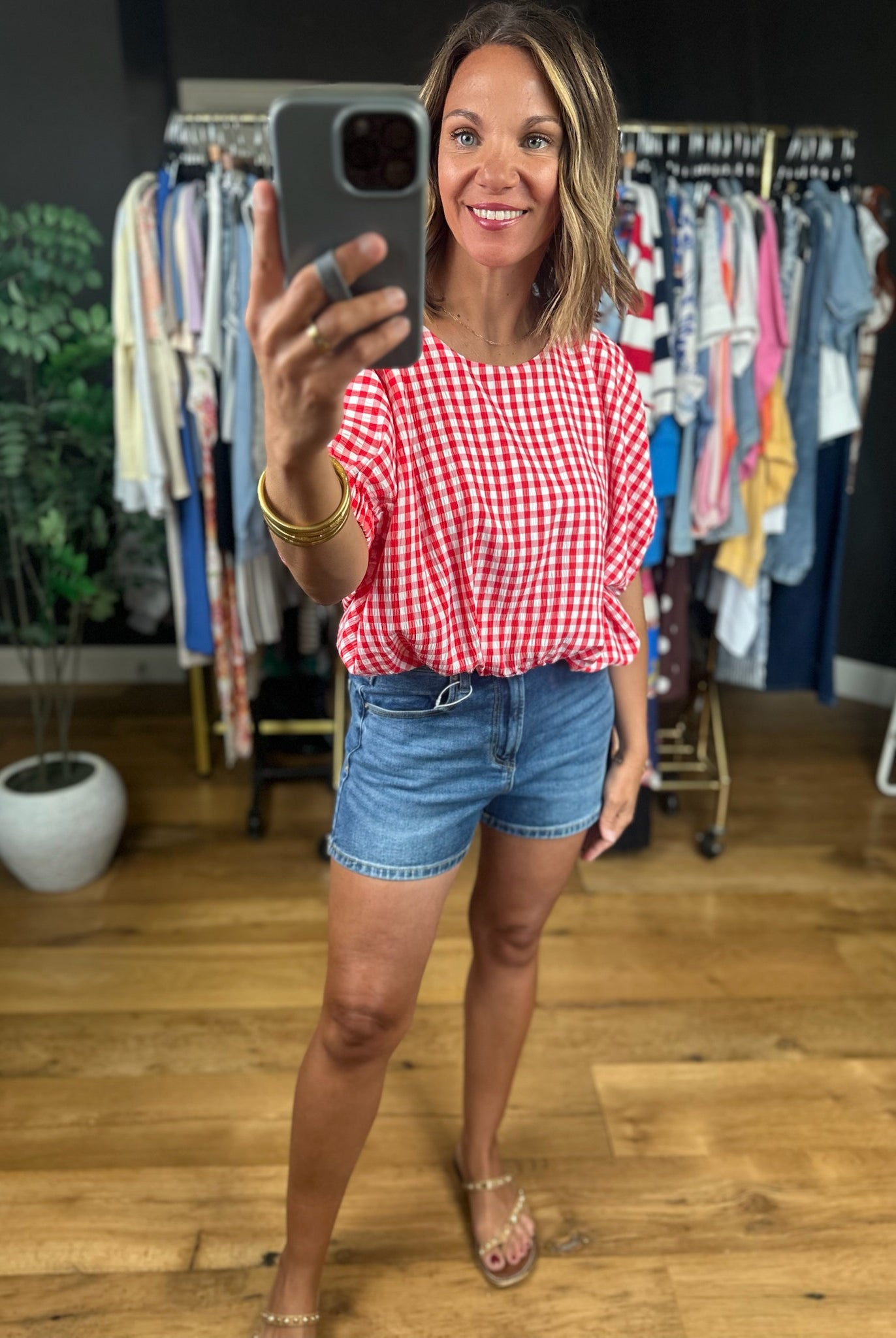 Weekend Stroll Gingham Bubble-Hem Top-Skirts-Entro-Anna Kaytes Boutique, Women's Fashion Boutique in Grinnell, Iowa