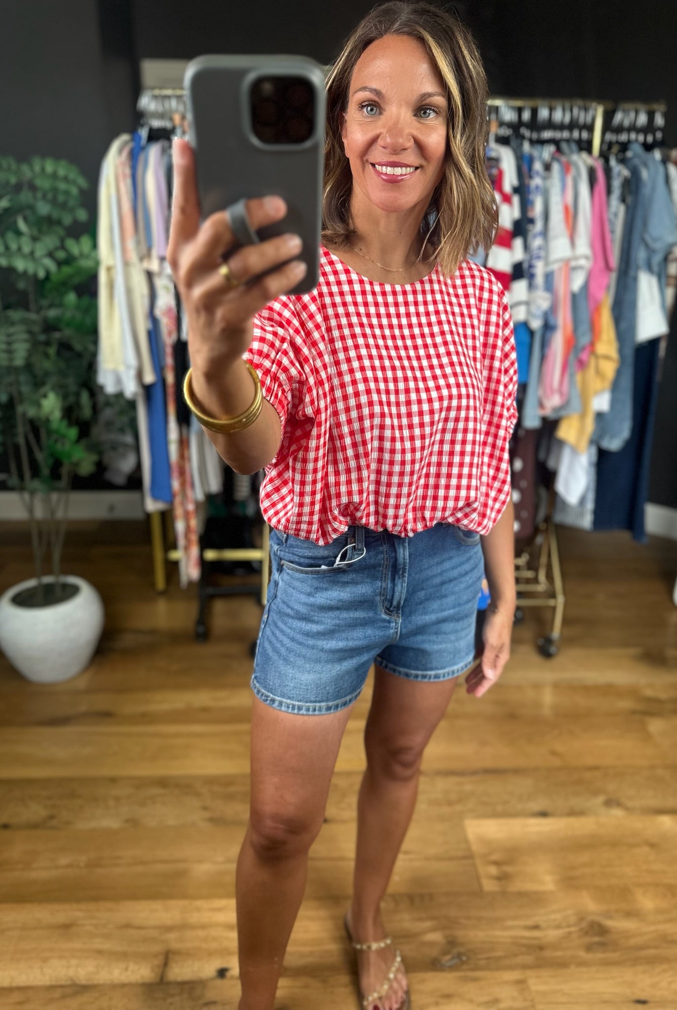 Weekend Stroll Gingham Bubble-Hem Top-Skirts-Entro-Anna Kaytes Boutique, Women's Fashion Boutique in Grinnell, Iowa