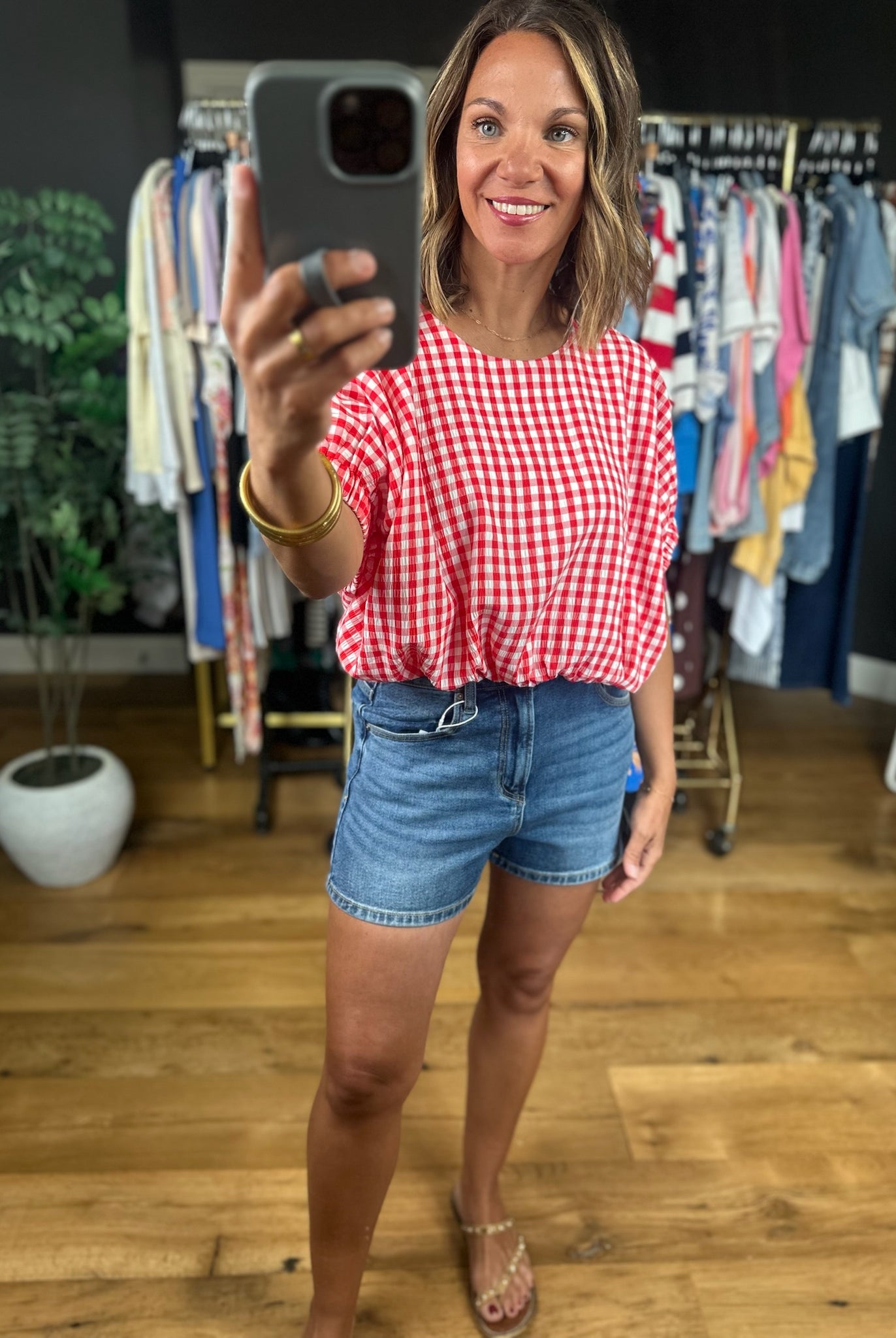 Weekend Stroll Gingham Bubble-Hem Top-Skirts-Entro-Anna Kaytes Boutique, Women's Fashion Boutique in Grinnell, Iowa