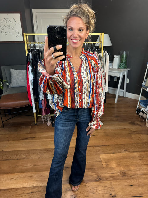 Nothing Better Contrasting Print Top with Balloon Sleeve Detail - Rust-Entro T21932-Anna Kaytes Boutique, Women's Fashion Boutique in Grinnell, Iowa