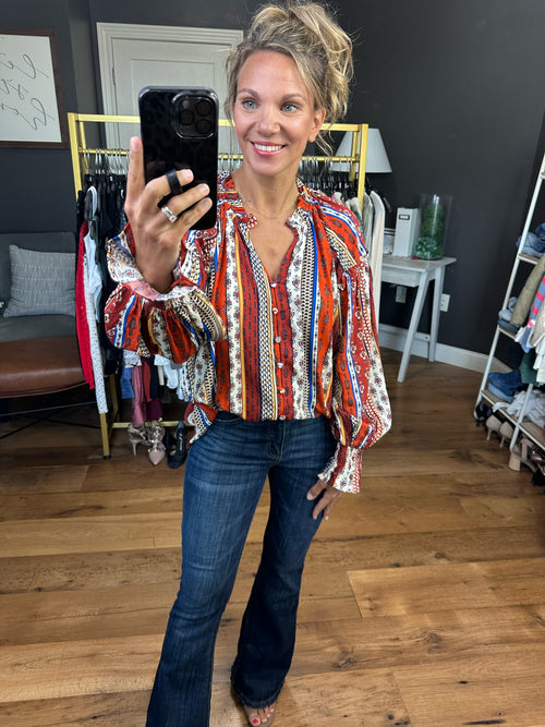 Nothing Better Contrasting Print Top with Balloon Sleeve Detail - Rust-Entro T21932-Anna Kaytes Boutique, Women's Fashion Boutique in Grinnell, Iowa