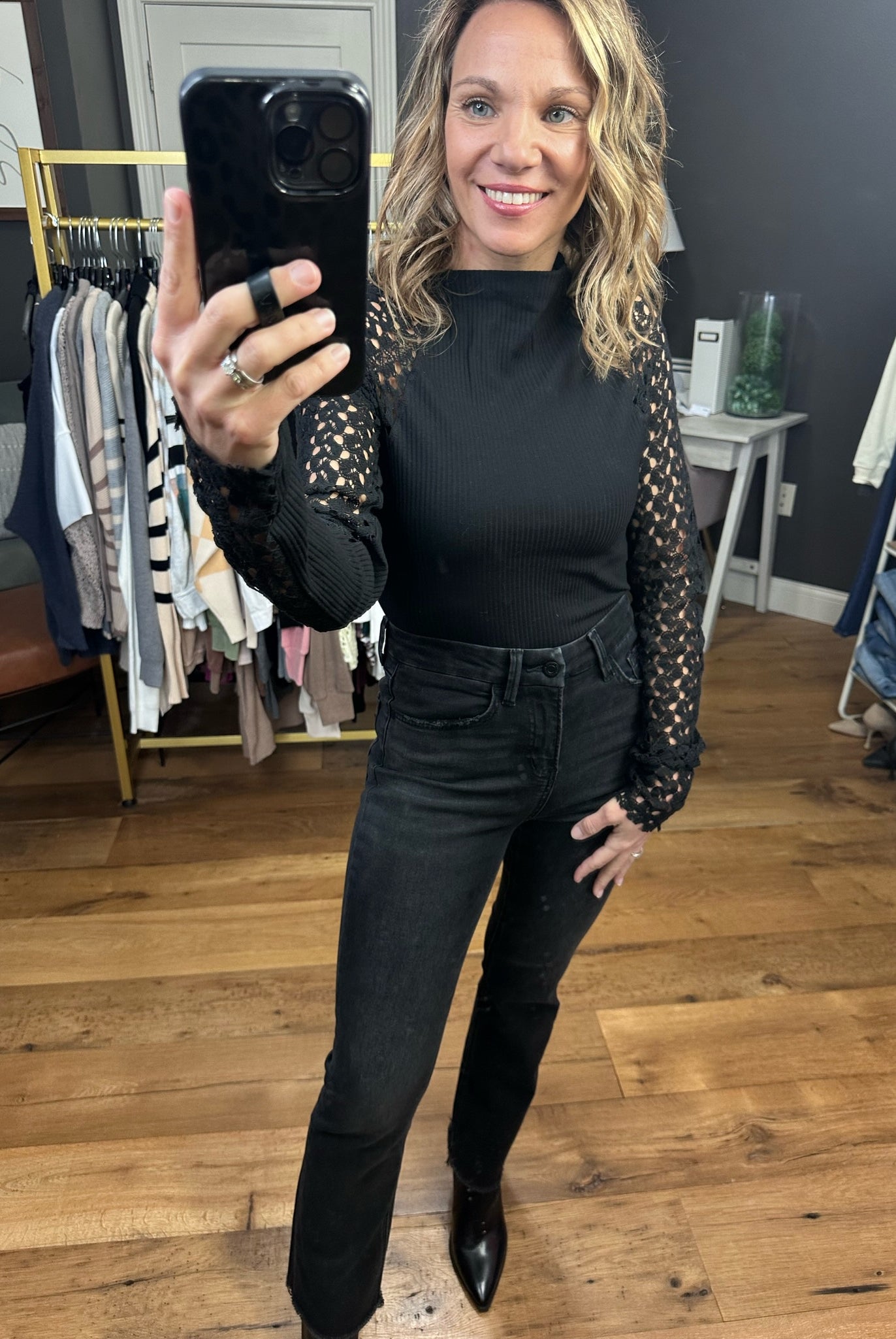 Better Idea Ribbed Mock-Neck Top With Crochet Sleeve Detail - Multiple Options-Long Sleeves-Aemi & Co 894AK-B11-Anna Kaytes Boutique, Women's Fashion Boutique in Grinnell, Iowa