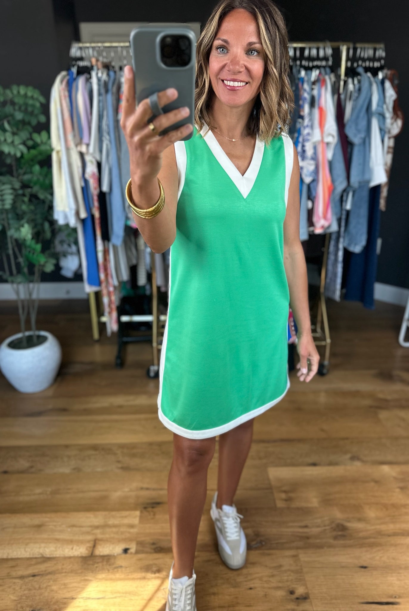 Good Energy Scuba V-Neck Dress-Dresses-Entro-Anna Kaytes Boutique, Women's Fashion Boutique in Grinnell, Iowa