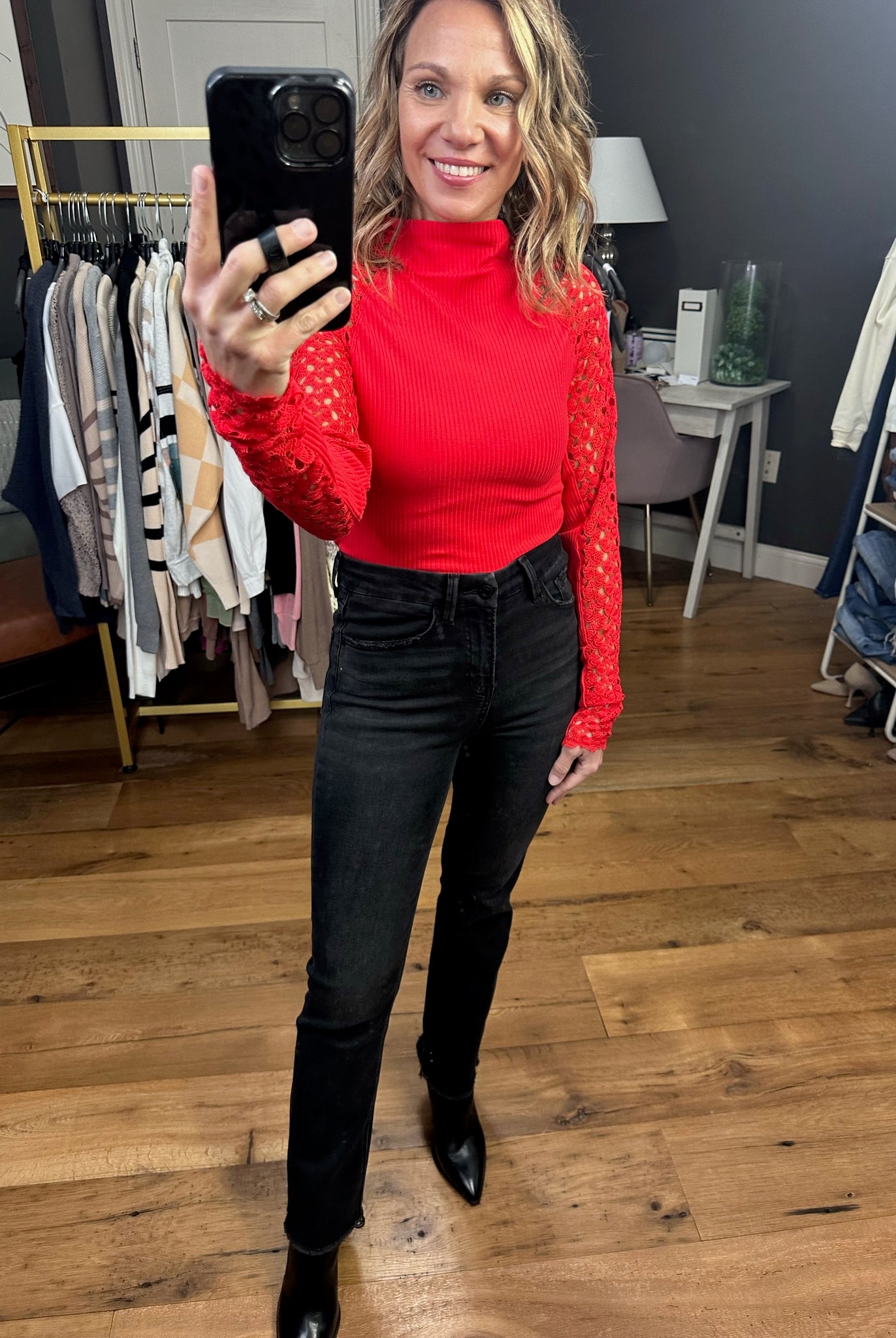 Better Idea Ribbed Mock-Neck Top With Crochet Sleeve Detail - Multiple Options-Long Sleeves-Aemi & Co 894AK-B11-Anna Kaytes Boutique, Women's Fashion Boutique in Grinnell, Iowa