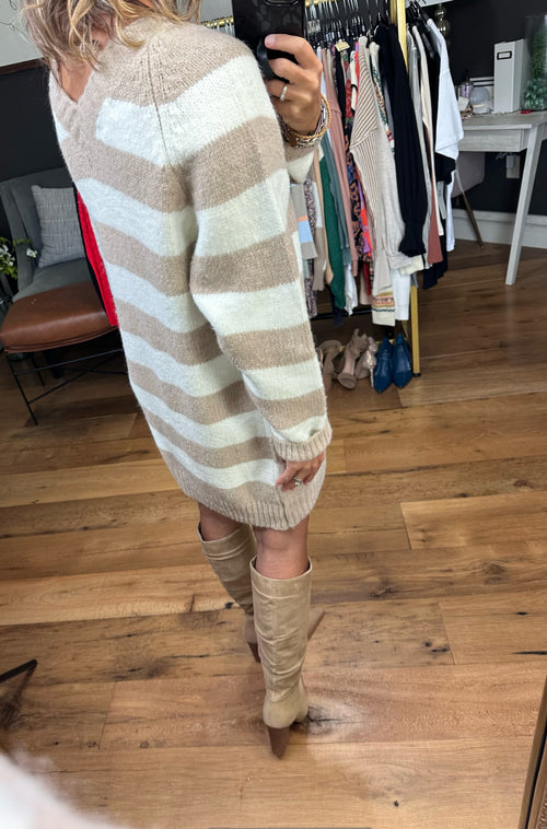 Extra Time Striped V-Neck Sweater Dress - Coco/Ivory-Blu Ivy W01756-Anna Kaytes Boutique, Women's Fashion Boutique in Grinnell, Iowa