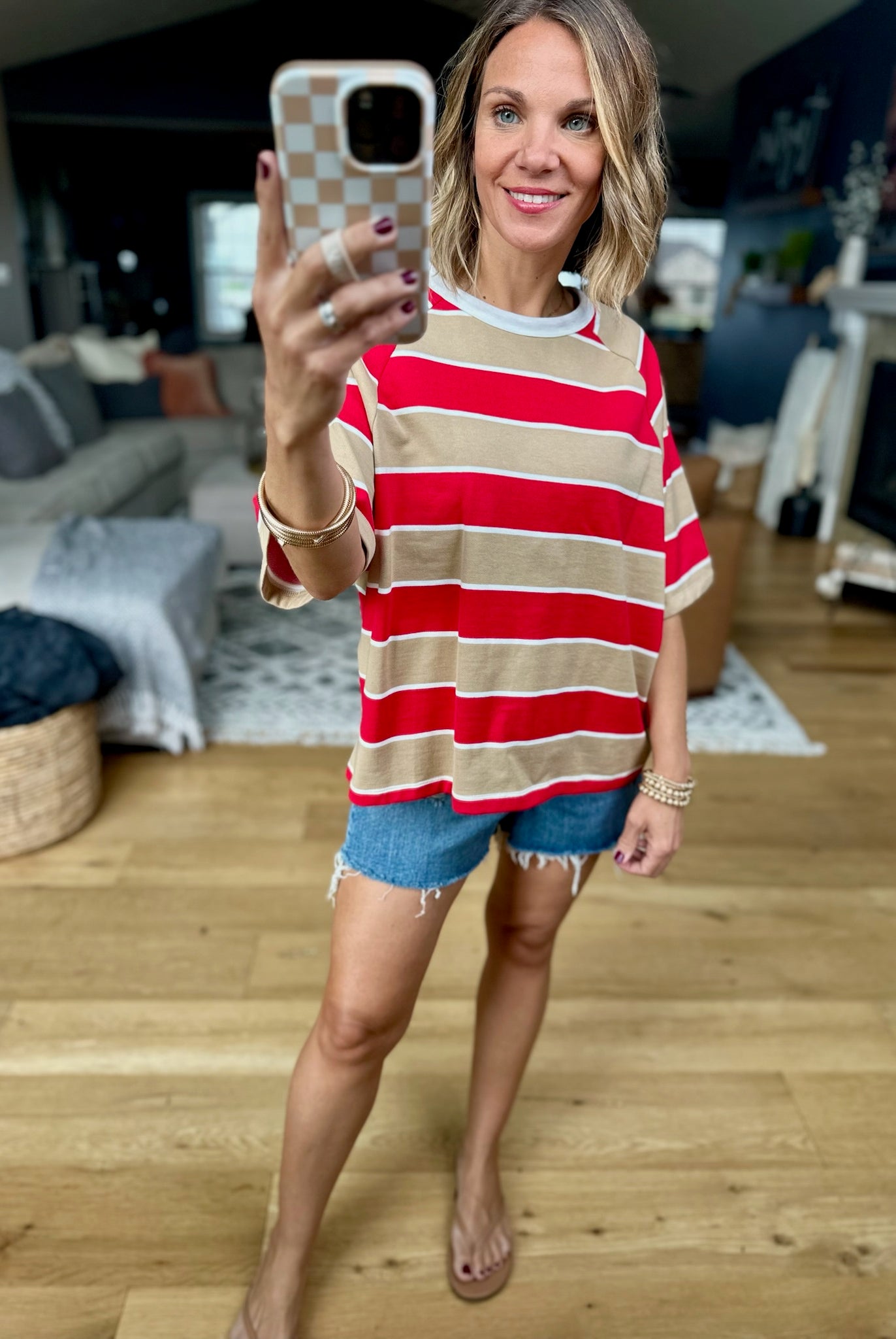Nothing New Striped Tee - Mocha/Red-Wishlist-Anna Kaytes Boutique, Women's Fashion Boutique in Grinnell, Iowa
