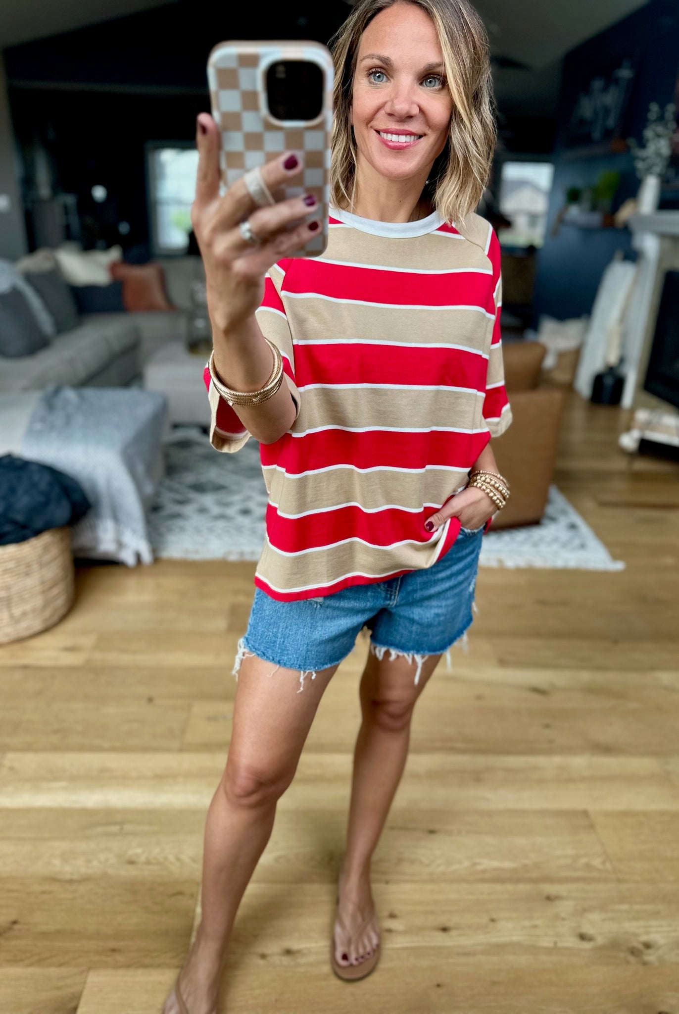 Nothing New Striped Tee - Mocha/Red-Wishlist-Anna Kaytes Boutique, Women's Fashion Boutique in Grinnell, Iowa
