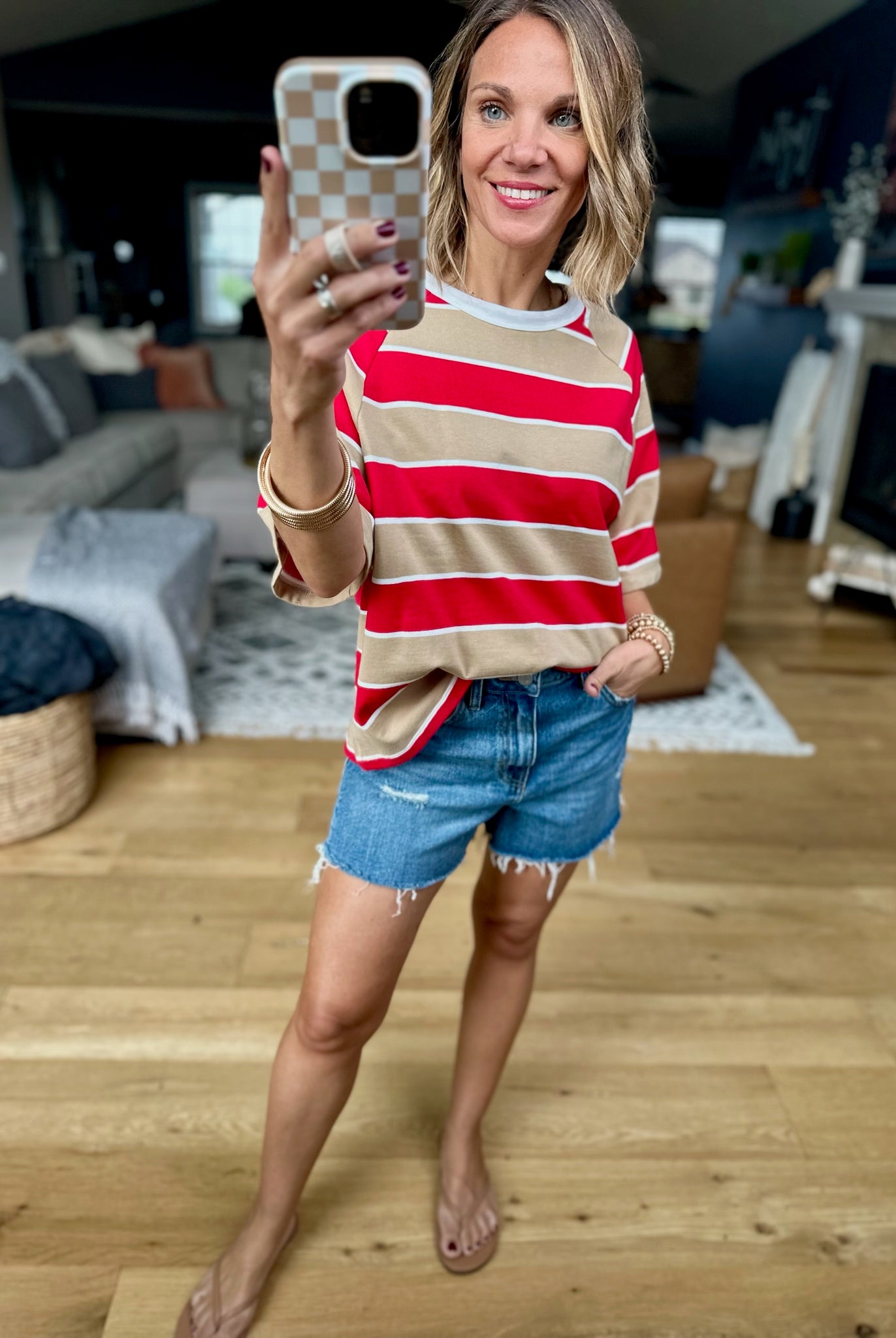 Nothing New Striped Tee - Mocha/Red-Wishlist-Anna Kaytes Boutique, Women's Fashion Boutique in Grinnell, Iowa