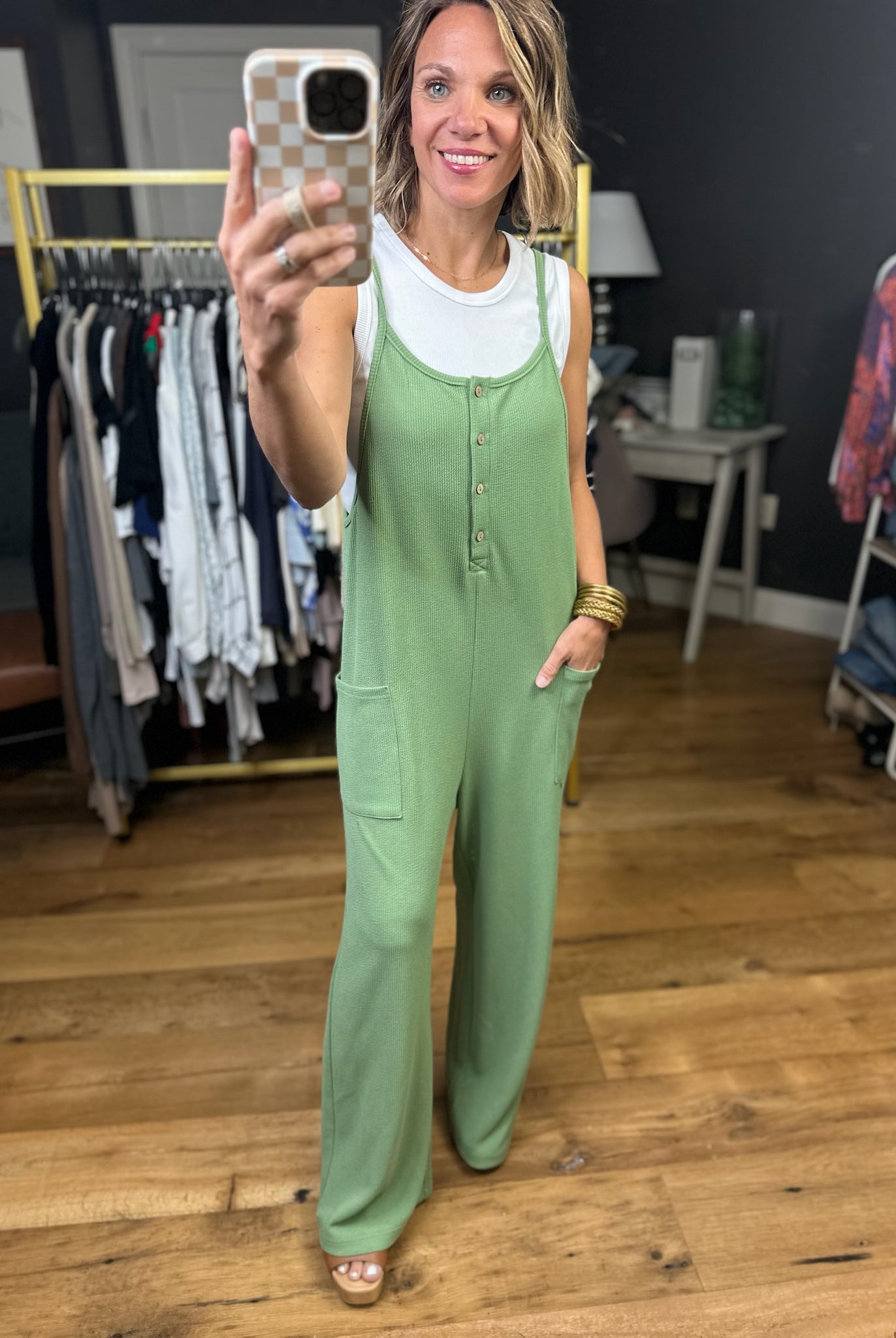 Something About This Pocket Jumpsuit - Basil-Eesome-Anna Kaytes Boutique, Women's Fashion Boutique in Grinnell, Iowa