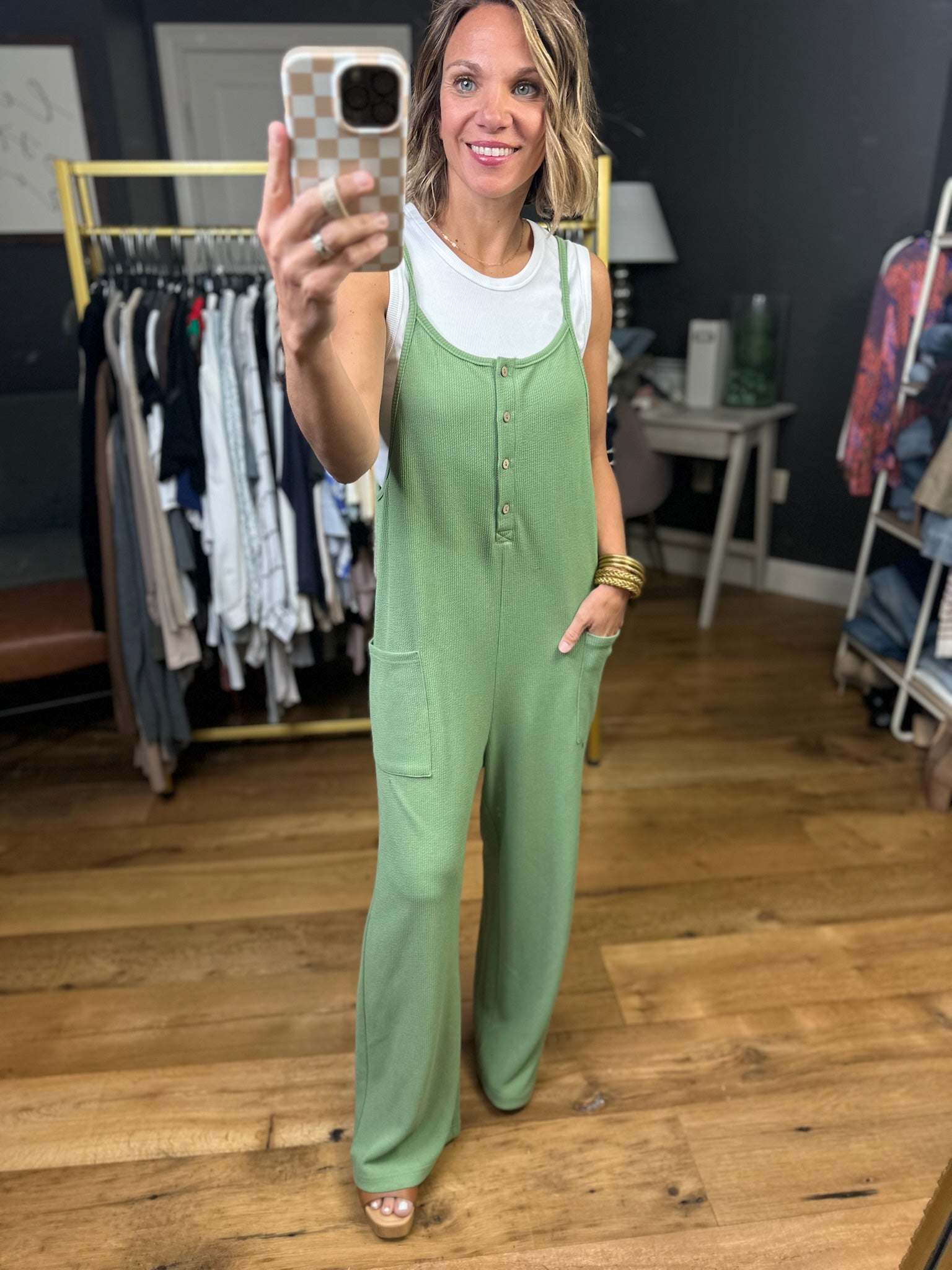 **Something About This Pocket Jumpsuit - Basil-Eesome-Anna Kaytes Boutique, Women's Fashion Boutique in Grinnell, Iowa