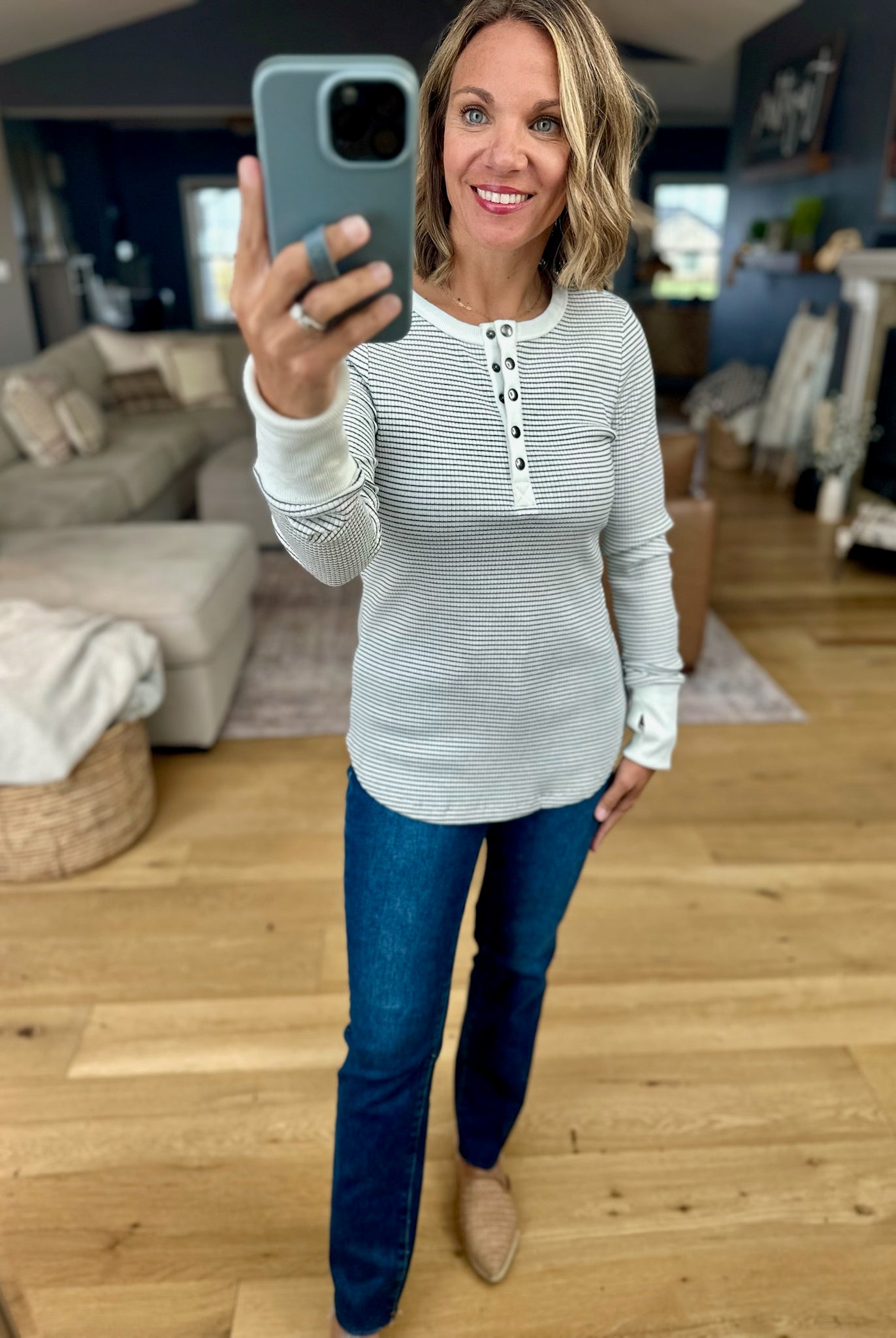 Always About It Ribbed Striped Snap-Detail Longsleeve-Doe & Rae-Anna Kaytes Boutique, Women's Fashion Boutique in Grinnell, Iowa