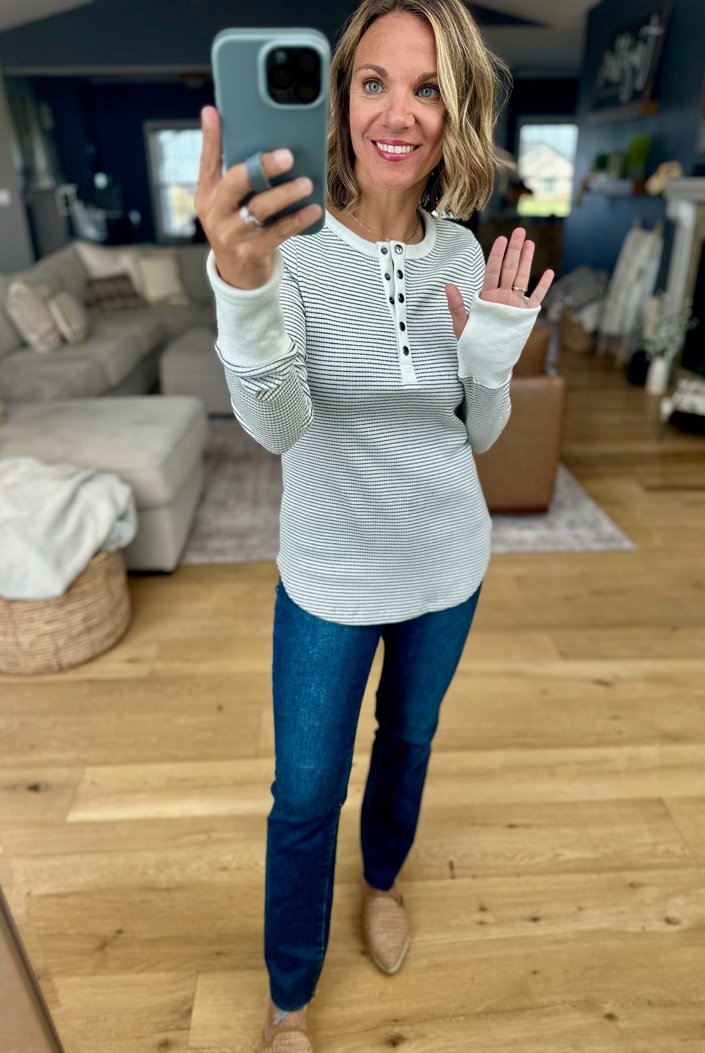 Always About It Ribbed Striped Snap-Detail Longsleeve-Doe & Rae-Anna Kaytes Boutique, Women's Fashion Boutique in Grinnell, Iowa