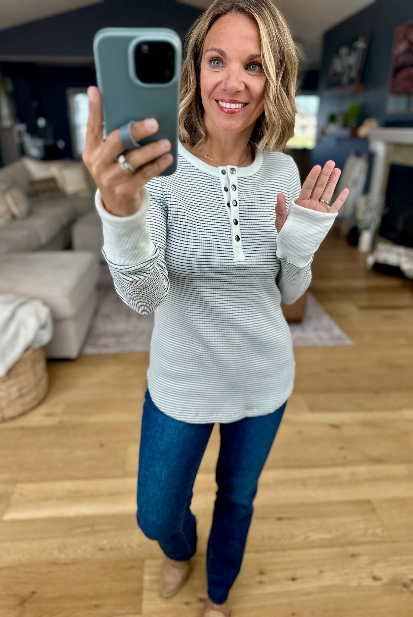 Always About It Ribbed Striped Snap-Detail Longsleeve-Doe & Rae-Anna Kaytes Boutique, Women's Fashion Boutique in Grinnell, Iowa