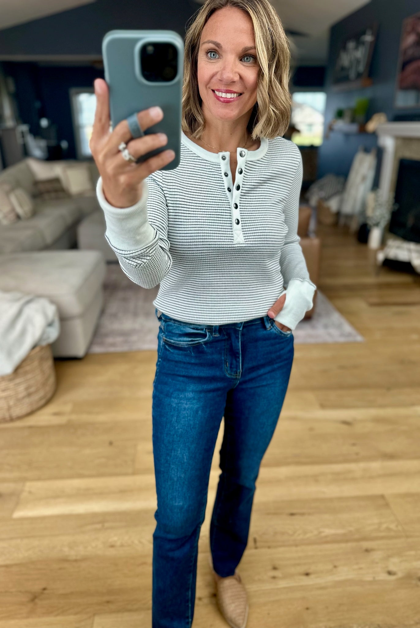 Always About It Ribbed Striped Snap-Detail Longsleeve-Doe & Rae-Anna Kaytes Boutique, Women's Fashion Boutique in Grinnell, Iowa