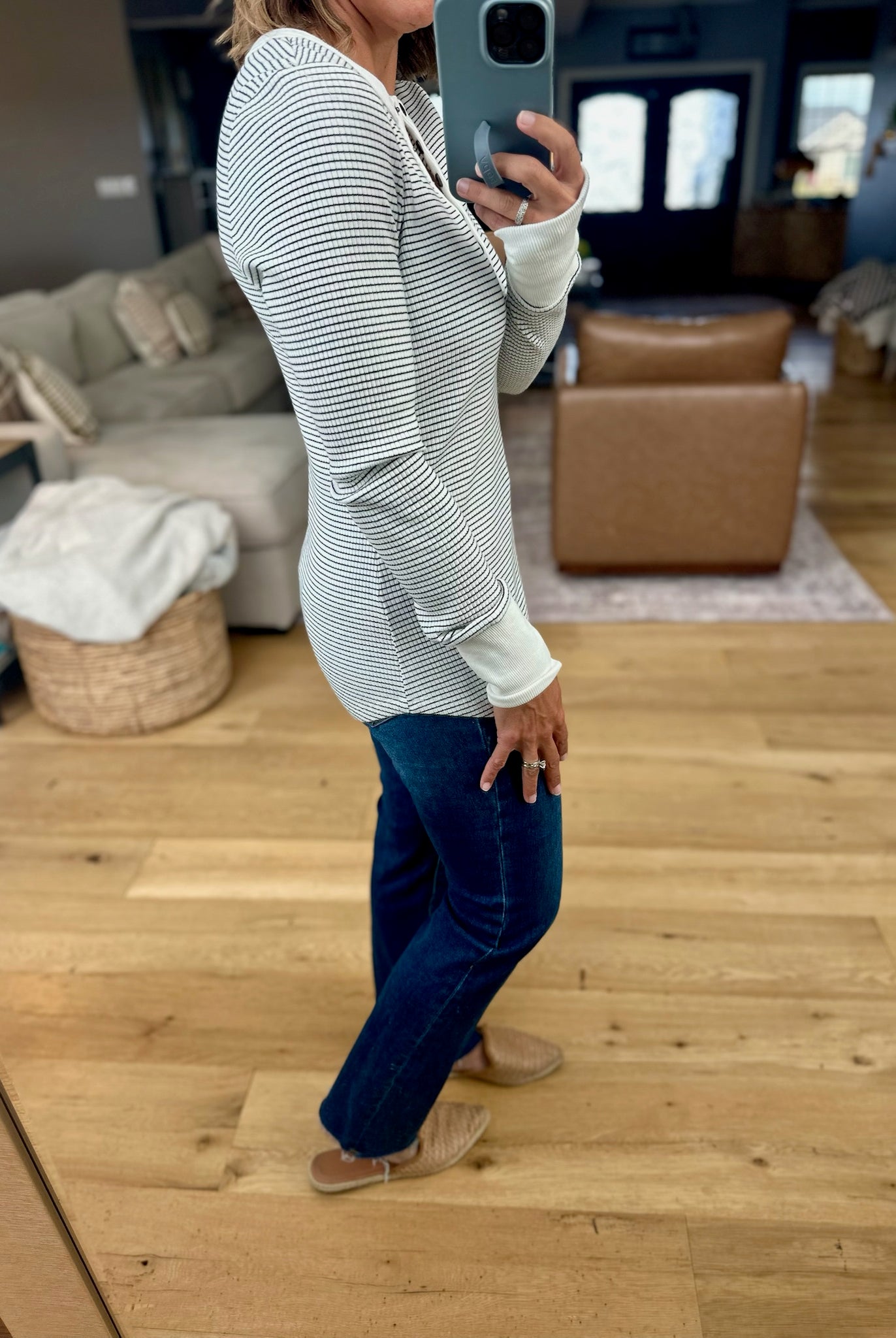 Always About It Ribbed Striped Snap-Detail Longsleeve-Doe & Rae-Anna Kaytes Boutique, Women's Fashion Boutique in Grinnell, Iowa