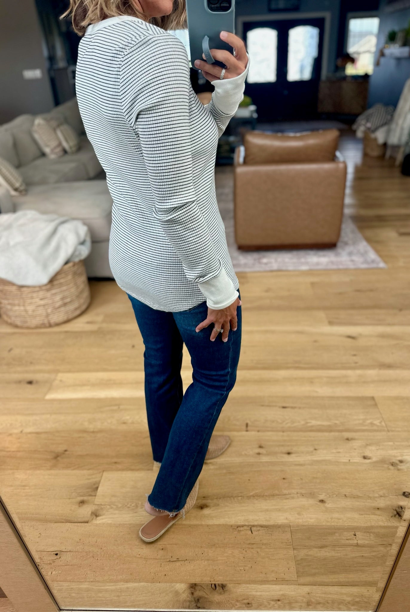 Always About It Ribbed Striped Snap-Detail Longsleeve-Doe & Rae-Anna Kaytes Boutique, Women's Fashion Boutique in Grinnell, Iowa
