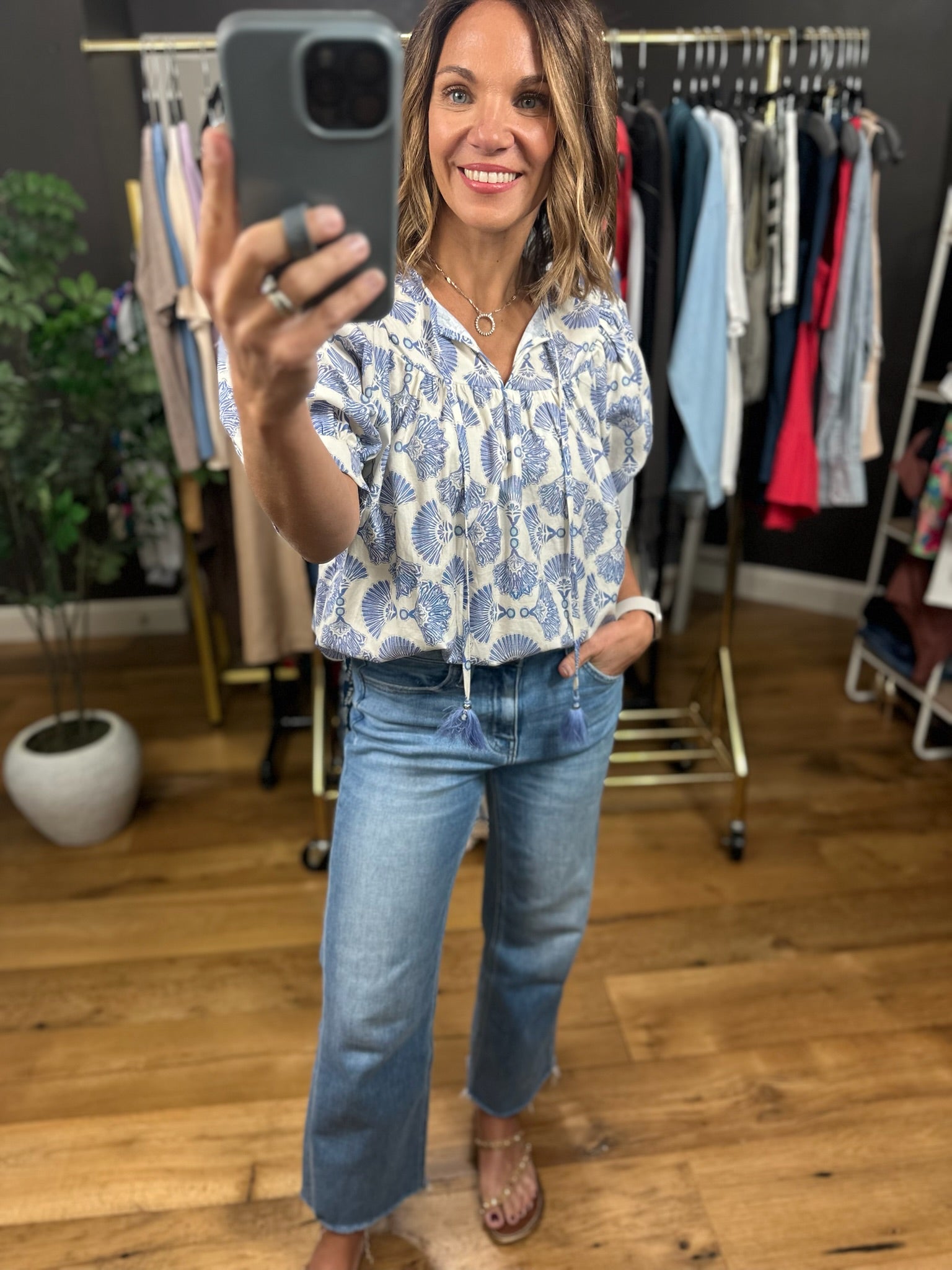 Beautiful Becoming Patterned Top-Short Sleeves-Entro-Anna Kaytes Boutique, Women's Fashion Boutique in Grinnell, Iowa