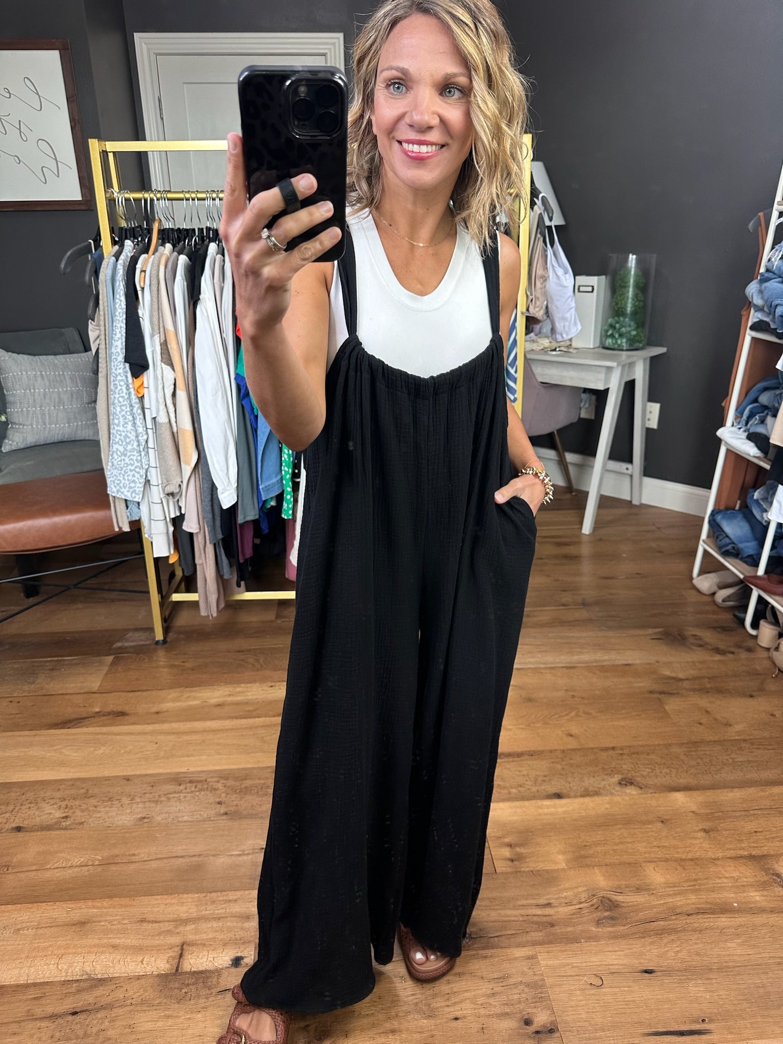 The Dakota Wide-Leg Overall Jumpsuit - Black-Jumpsuits-Bucketlist-Anna Kaytes Boutique, Women's Fashion Boutique in Grinnell, Iowa