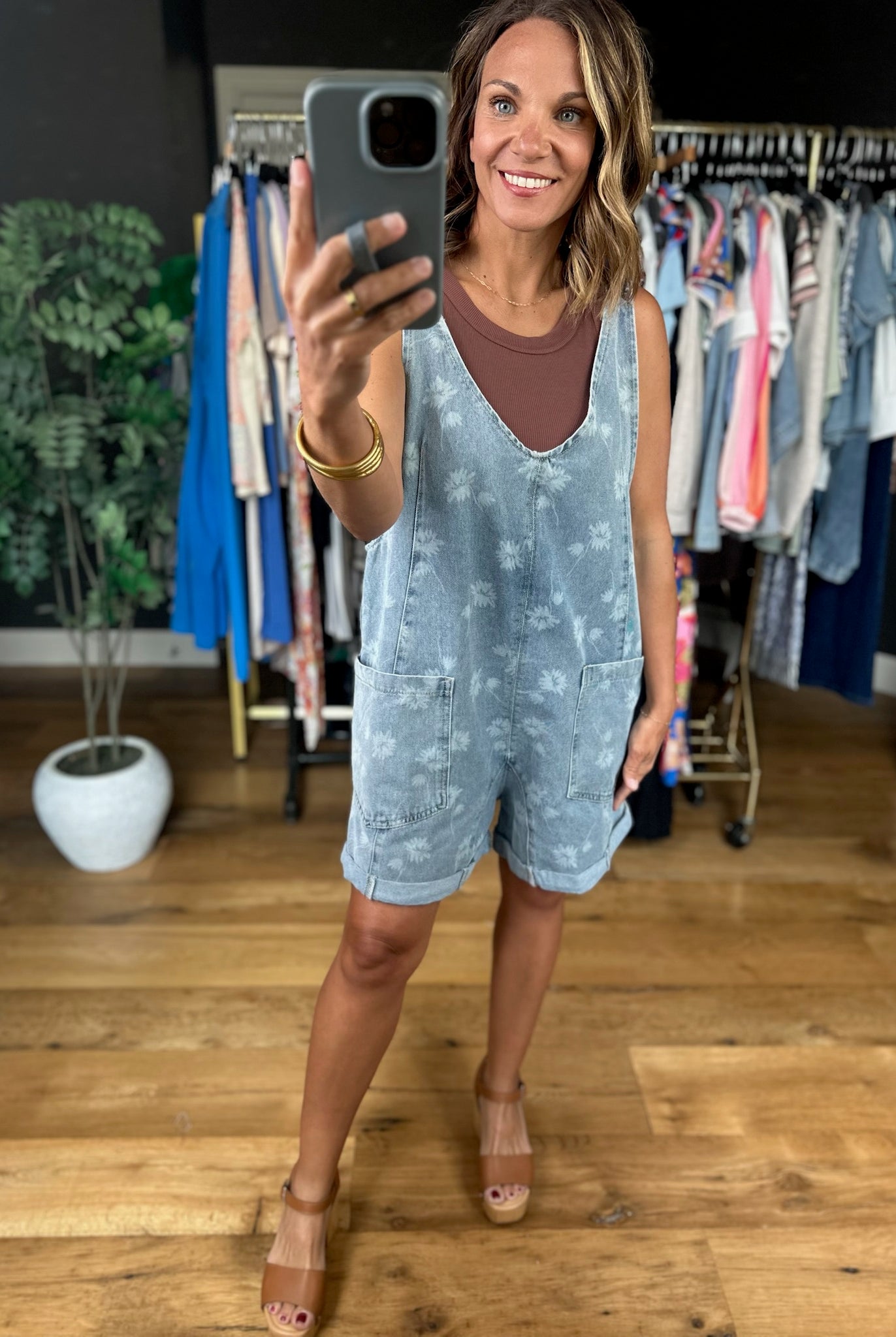 Before The Sun Flower Motif Shortalls-Jumpsuits-Hem & Thread-Anna Kaytes Boutique, Women's Fashion Boutique in Grinnell, Iowa
