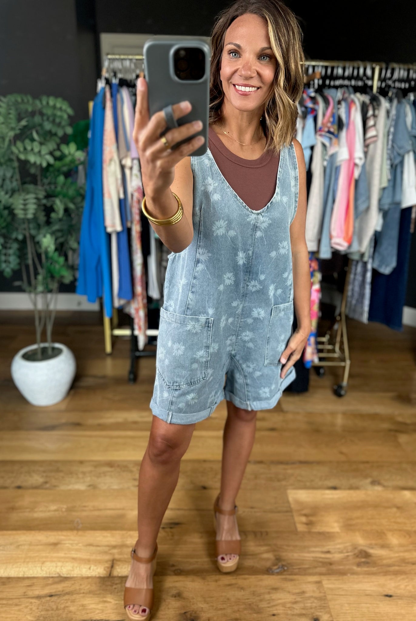 Before The Sun Flower Motif Shortalls-Jumpsuits-Hem & Thread-Anna Kaytes Boutique, Women's Fashion Boutique in Grinnell, Iowa