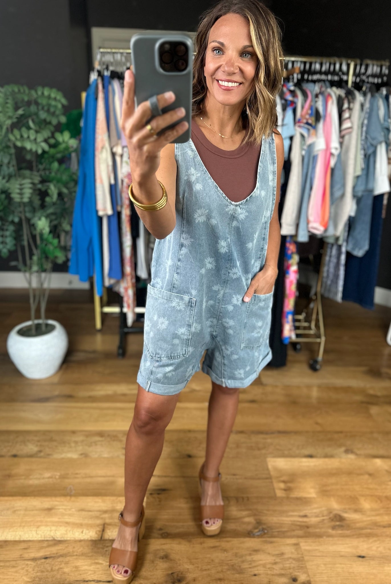 Before The Sun Flower Motif Shortalls-Jumpsuits-Hem & Thread-Anna Kaytes Boutique, Women's Fashion Boutique in Grinnell, Iowa