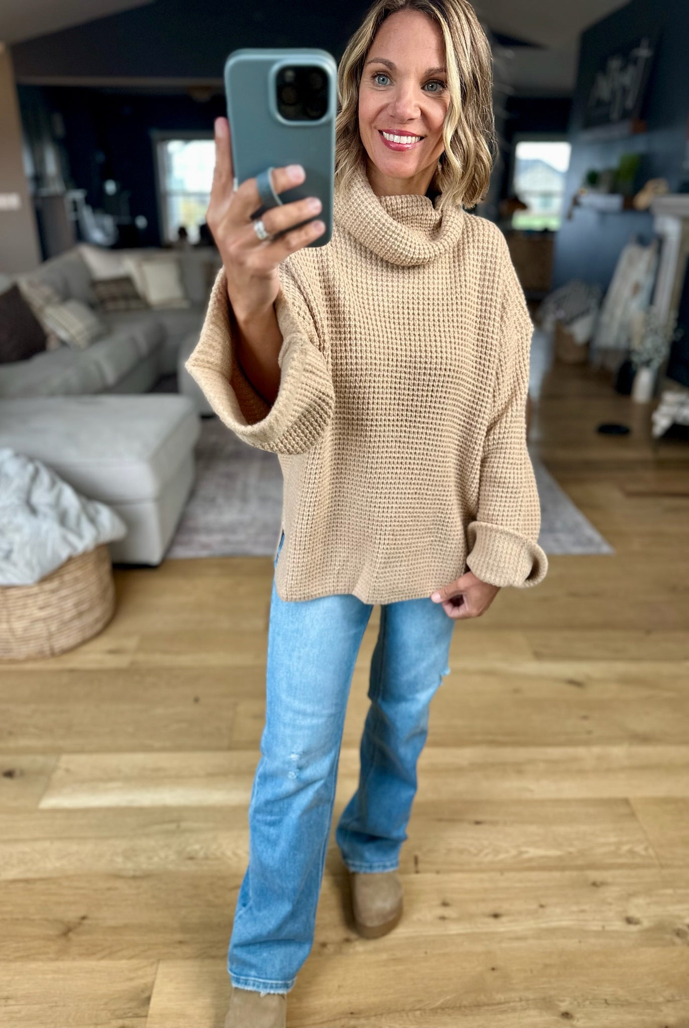 First Thing Oversized Turtle Neck Waffle Knit Sweater-Blu Ivy-Anna Kaytes Boutique, Women's Fashion Boutique in Grinnell, Iowa