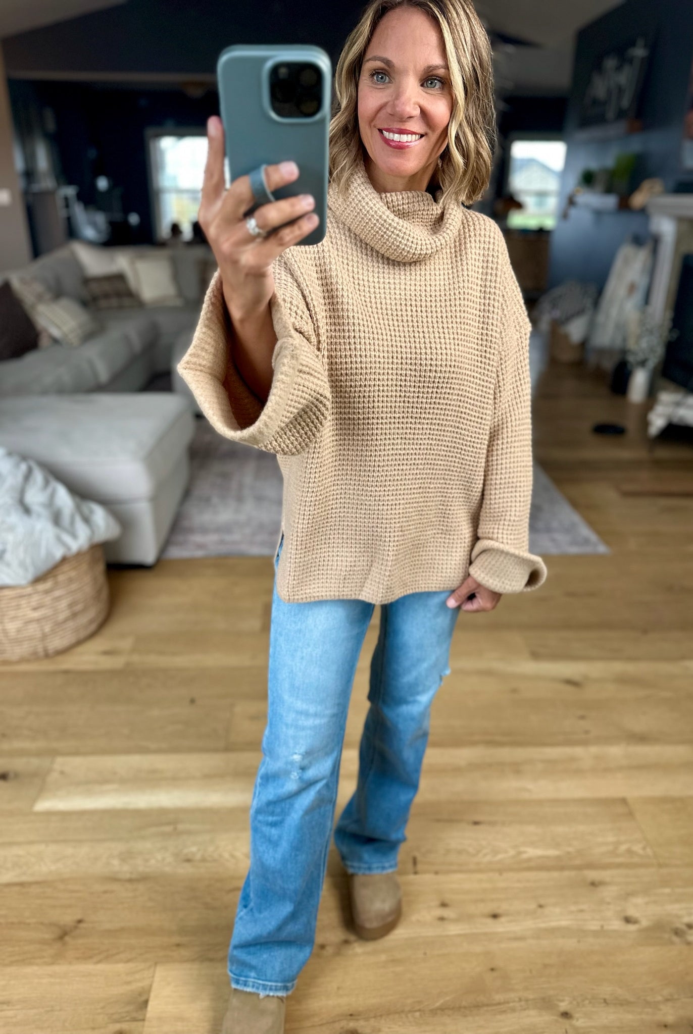 First Thing Oversized Turtle Neck Waffle Knit Sweater-Blu Ivy-Anna Kaytes Boutique, Women's Fashion Boutique in Grinnell, Iowa