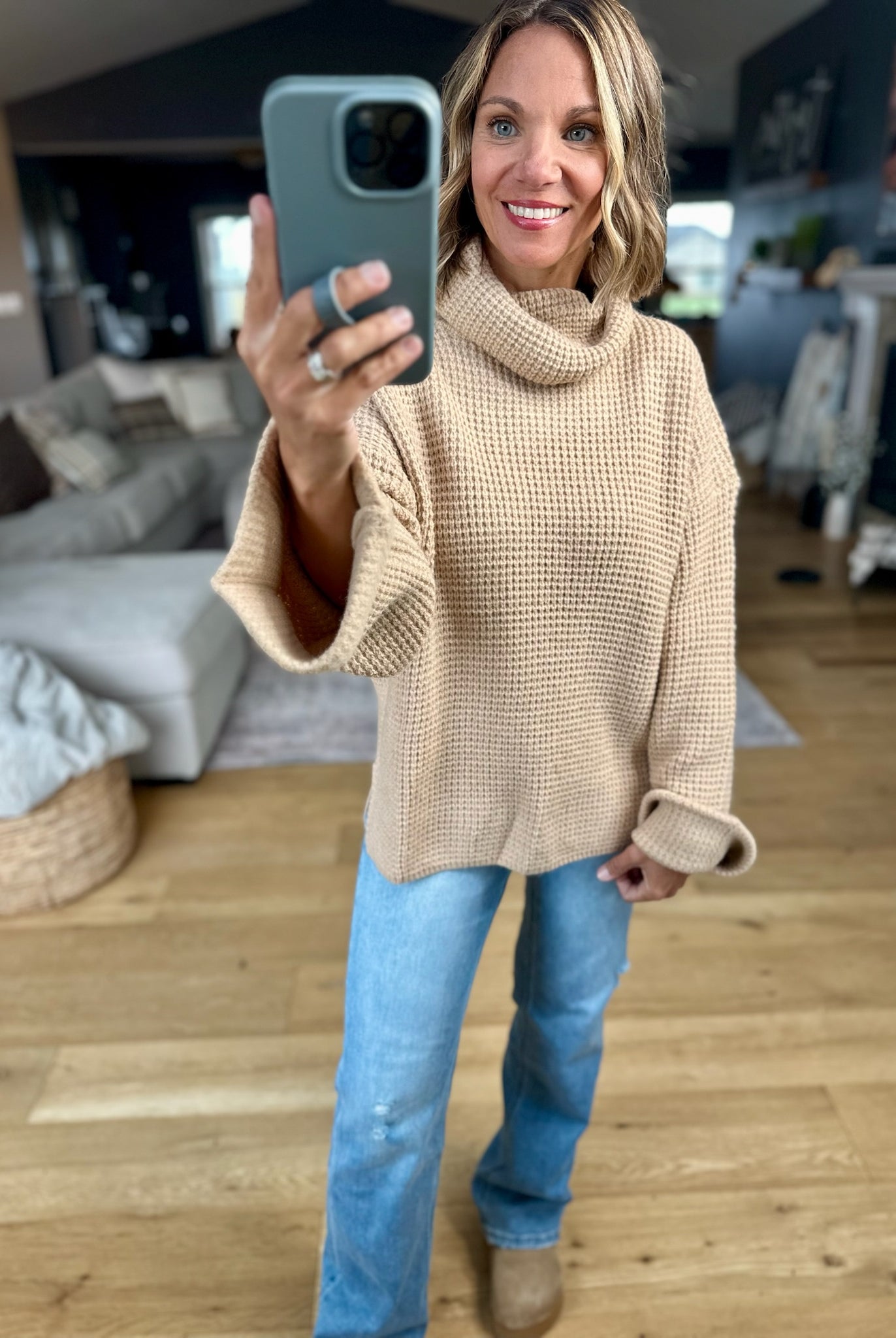 First Thing Oversized Turtle Neck Waffle Knit Sweater-Blu Ivy-Anna Kaytes Boutique, Women's Fashion Boutique in Grinnell, Iowa