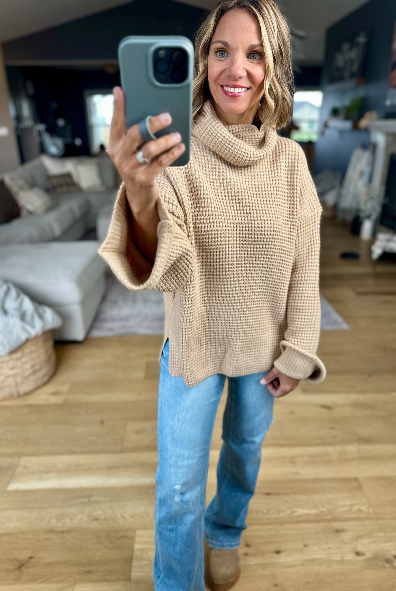 First Thing Oversized Turtle Neck Waffle Knit Sweater-Blu Ivy-Anna Kaytes Boutique, Women's Fashion Boutique in Grinnell, Iowa