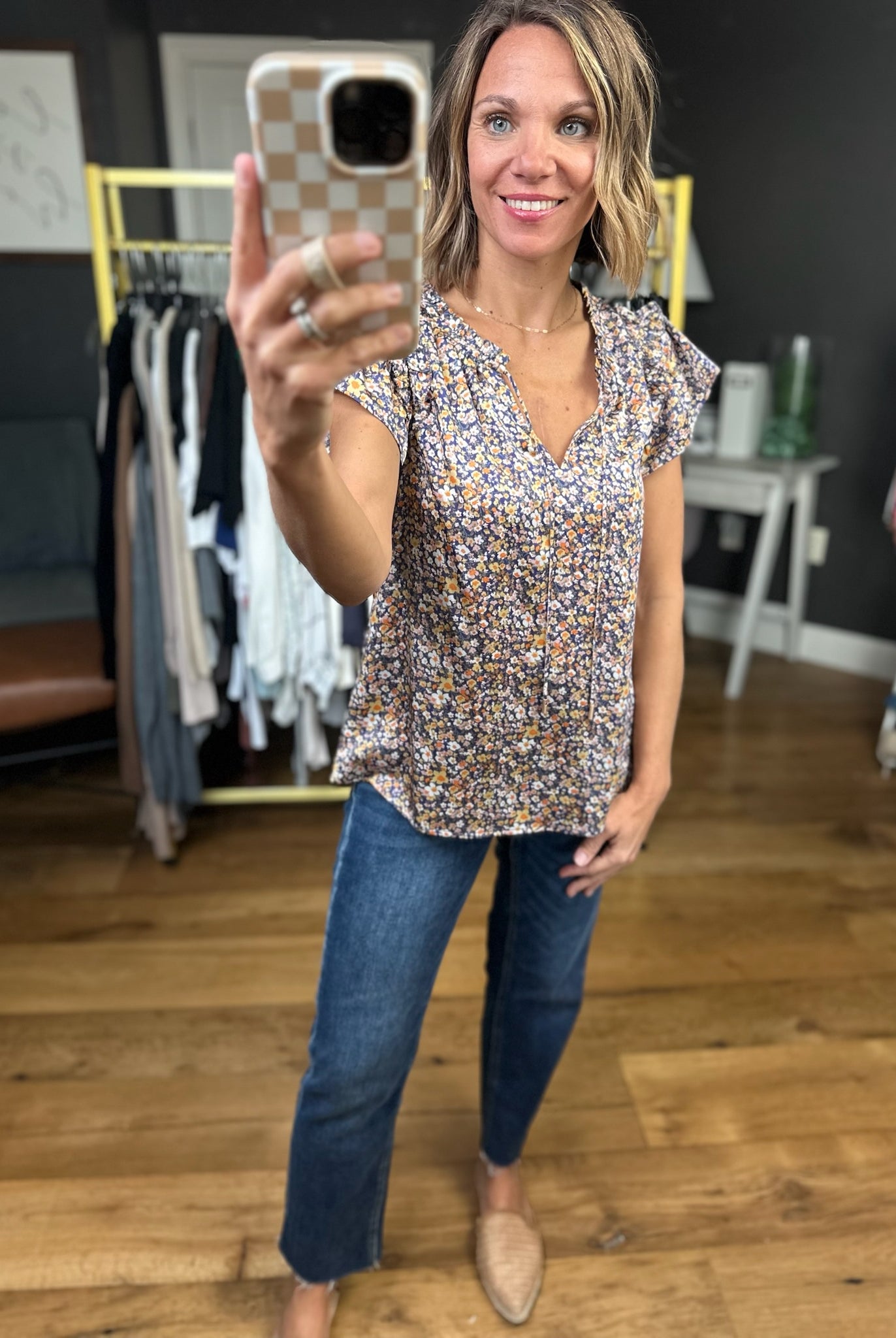 What Matters Floral Flutter Sleeve Top - Indigo-Skies Are Blue-Anna Kaytes Boutique, Women's Fashion Boutique in Grinnell, Iowa