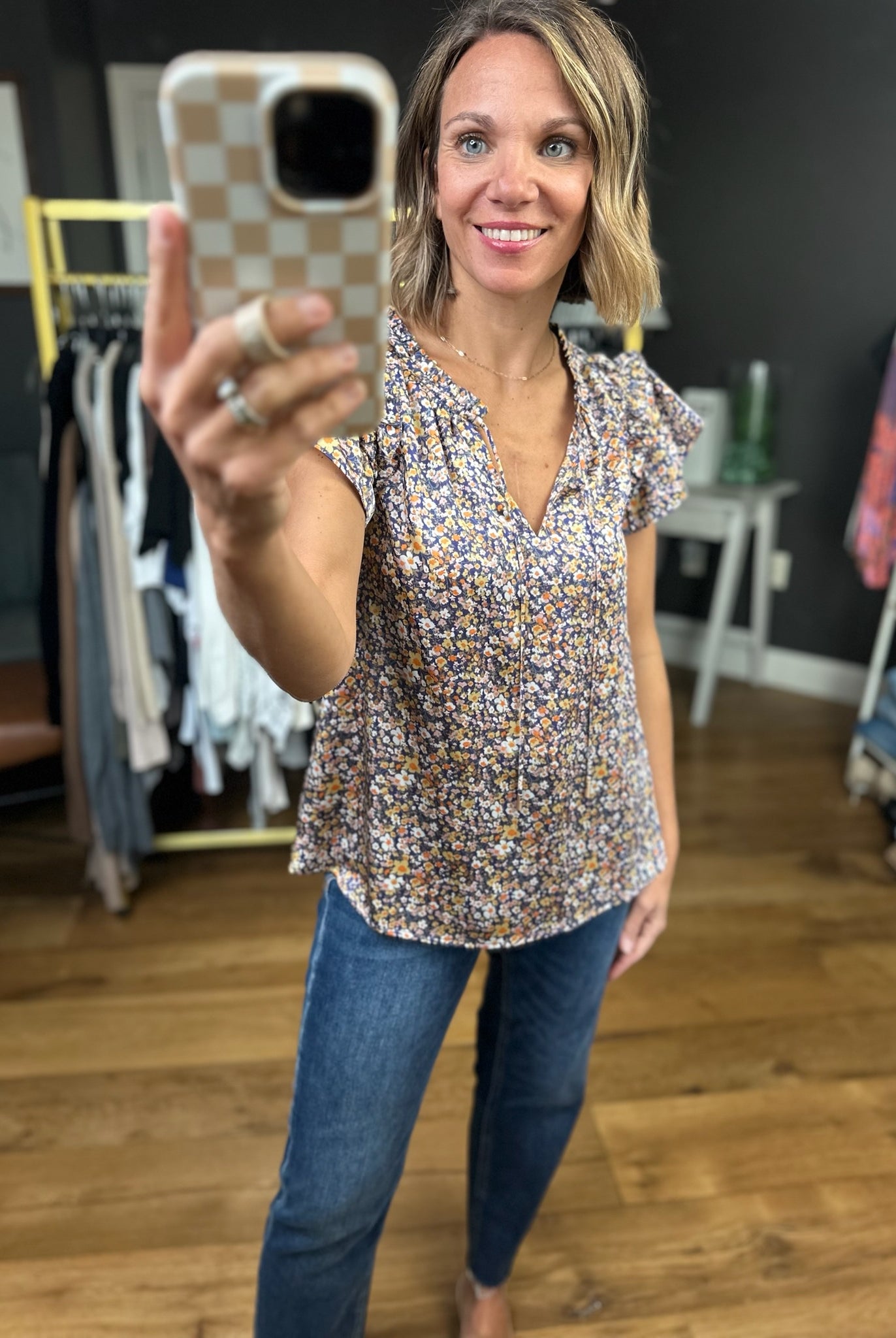 What Matters Floral Flutter Sleeve Top - Indigo-Skies Are Blue-Anna Kaytes Boutique, Women's Fashion Boutique in Grinnell, Iowa