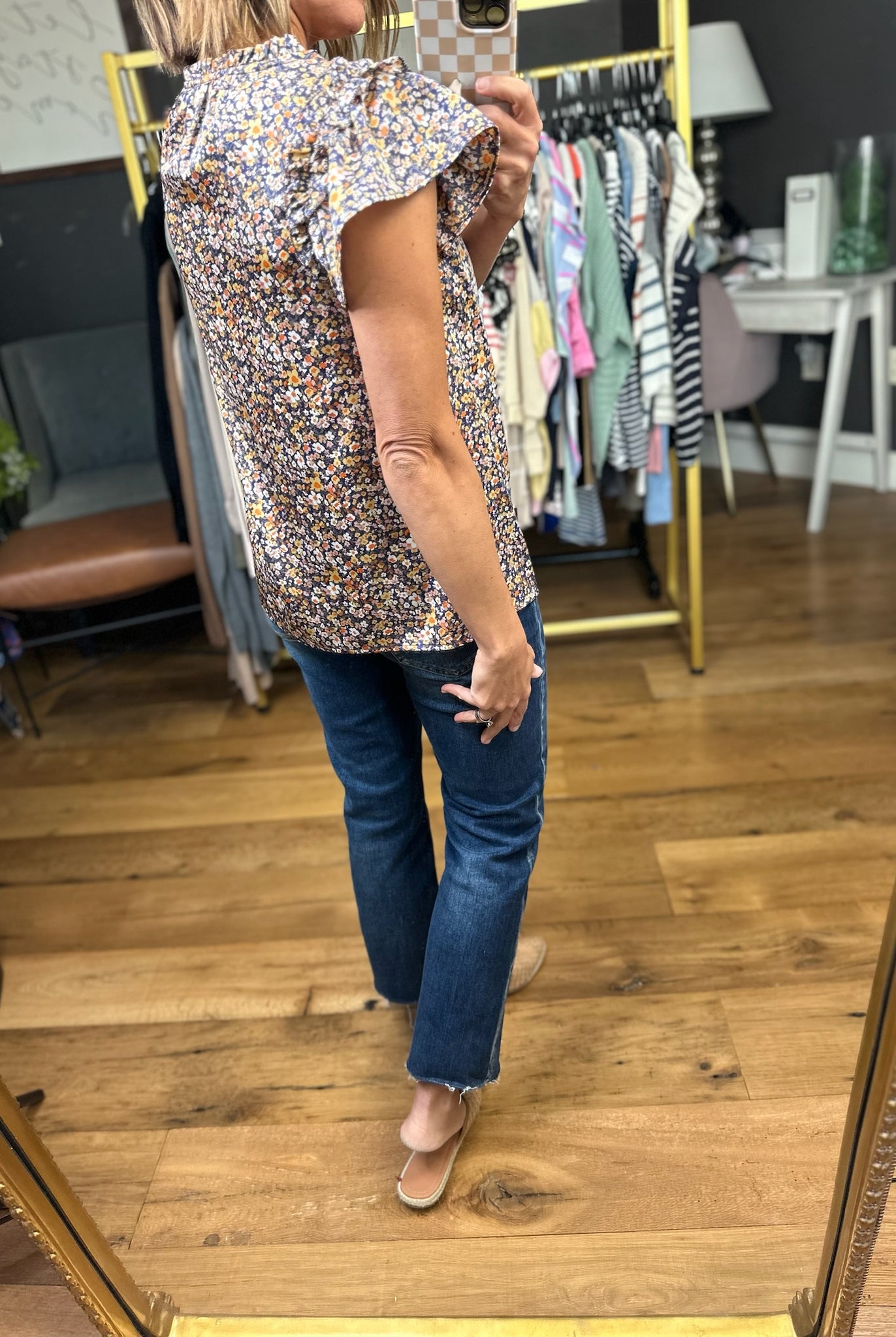 What Matters Floral Flutter Sleeve Top - Indigo-Skies Are Blue-Anna Kaytes Boutique, Women's Fashion Boutique in Grinnell, Iowa