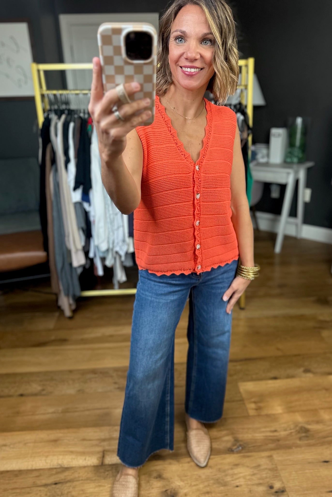 **Only Reason Knit Button-Down Vest - Papaya-Wishlist-Anna Kaytes Boutique, Women's Fashion Boutique in Grinnell, Iowa