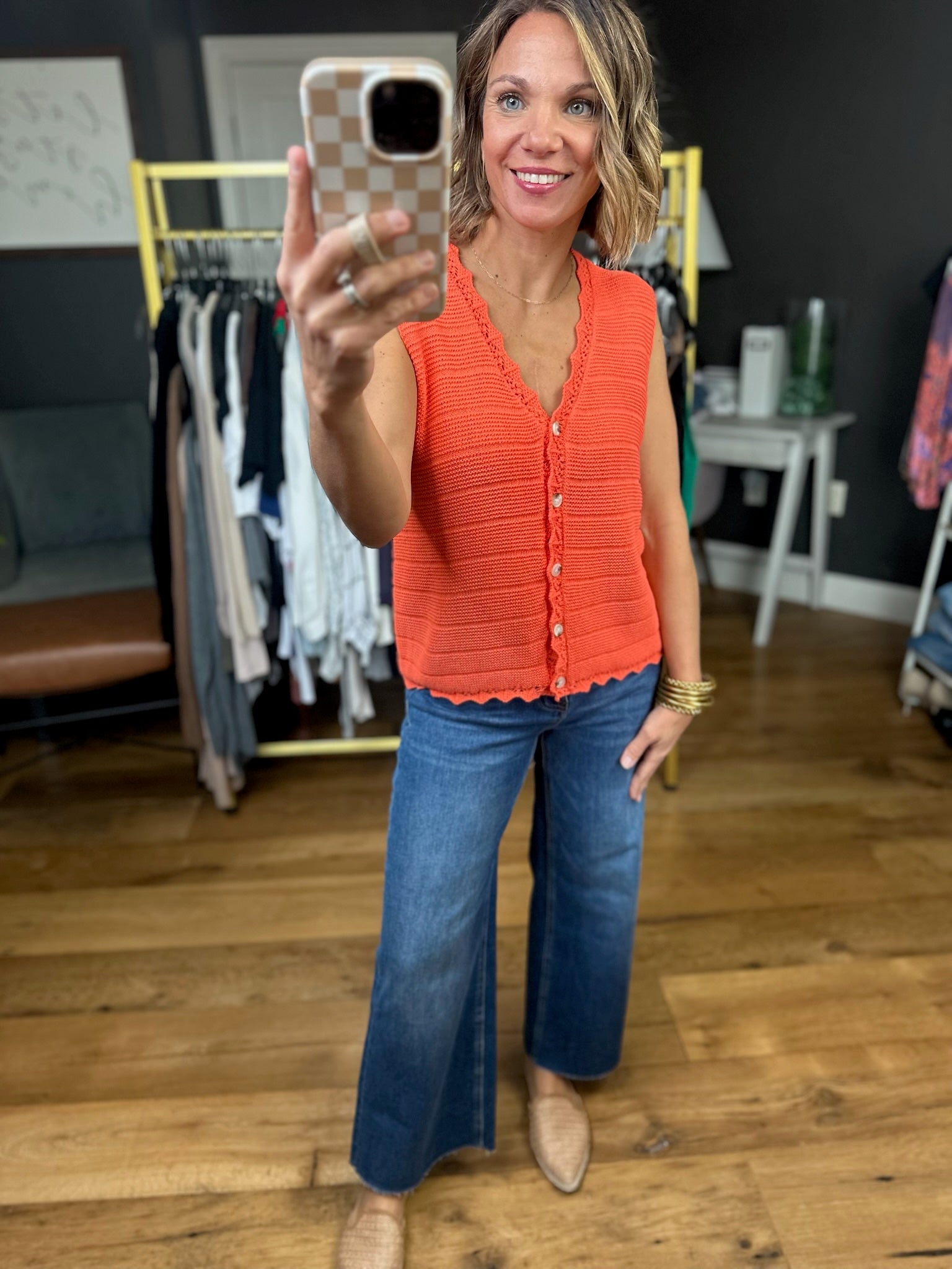 **Only Reason Knit Button-Down Vest - Papaya-Wishlist-Anna Kaytes Boutique, Women's Fashion Boutique in Grinnell, Iowa