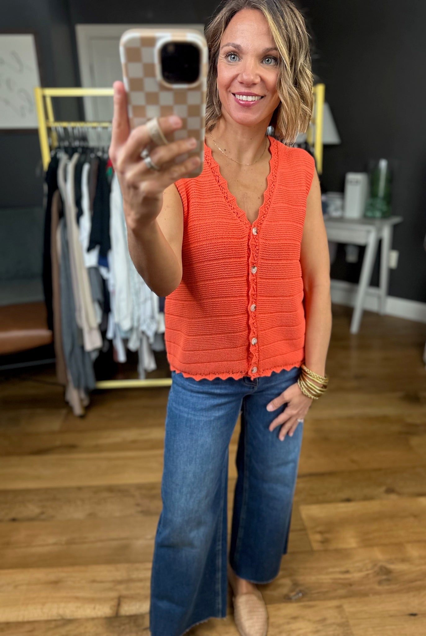 **Only Reason Knit Button-Down Vest - Papaya-Wishlist-Anna Kaytes Boutique, Women's Fashion Boutique in Grinnell, Iowa