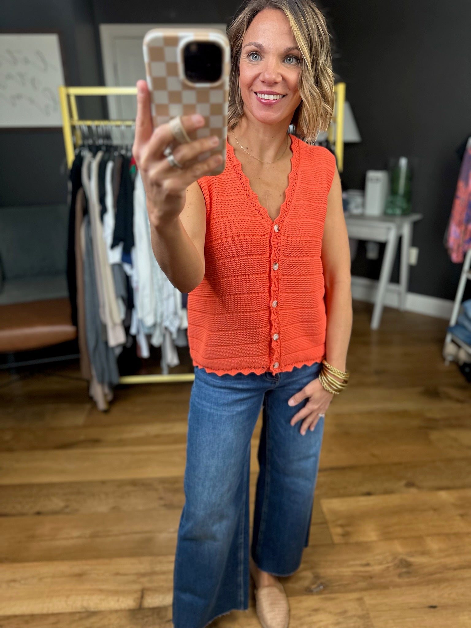 **Only Reason Knit Button-Down Vest - Papaya-Wishlist-Anna Kaytes Boutique, Women's Fashion Boutique in Grinnell, Iowa