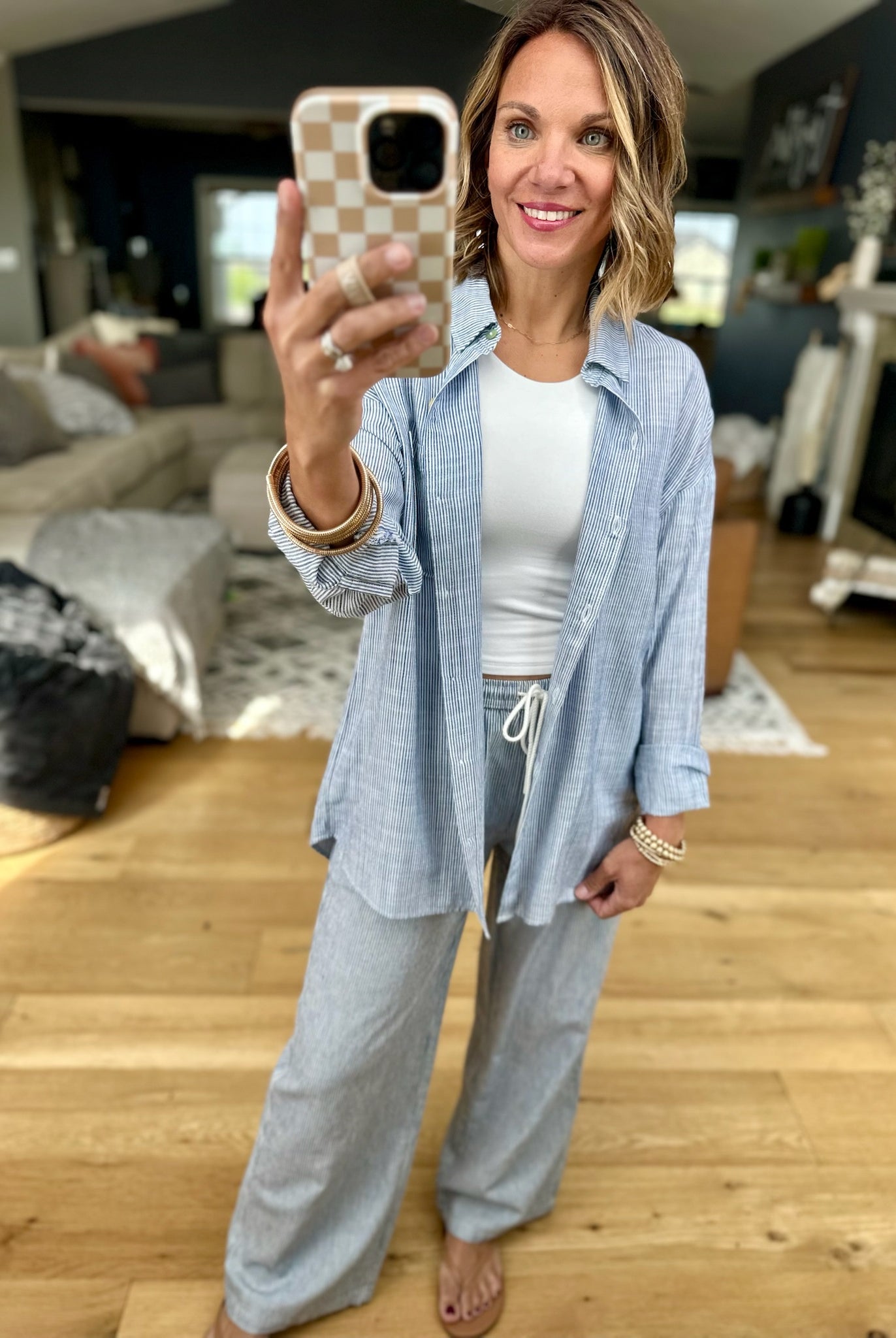 For My Comfort Linen-Blend Pocket Button-Down Top - Denim-Be cool-Anna Kaytes Boutique, Women's Fashion Boutique in Grinnell, Iowa