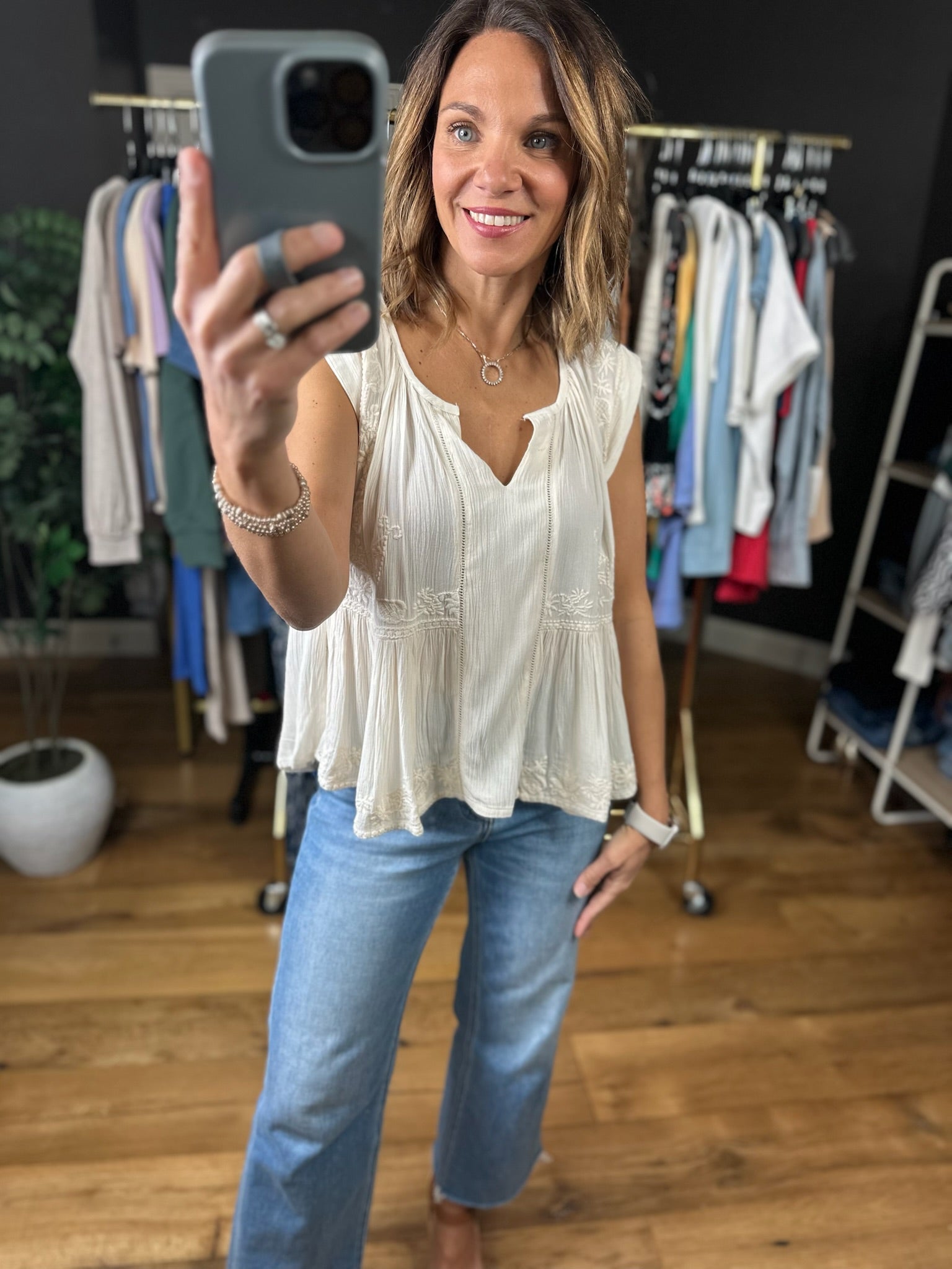 Favorite View Detailed Babydoll Top-Short Sleeves-POL-Anna Kaytes Boutique, Women's Fashion Boutique in Grinnell, Iowa