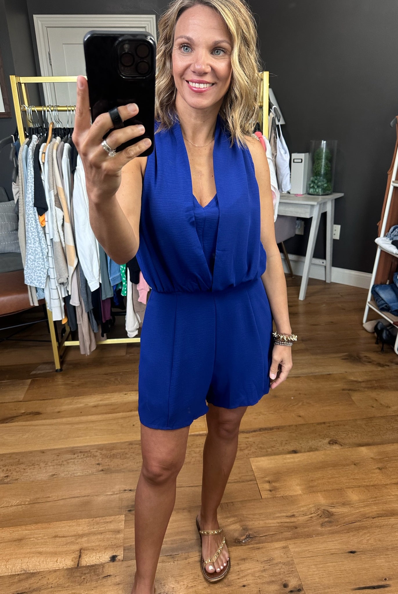 Your Attention V-Neck Romper - Dark Blue-Rompers-Entro-Anna Kaytes Boutique, Women's Fashion Boutique in Grinnell, Iowa