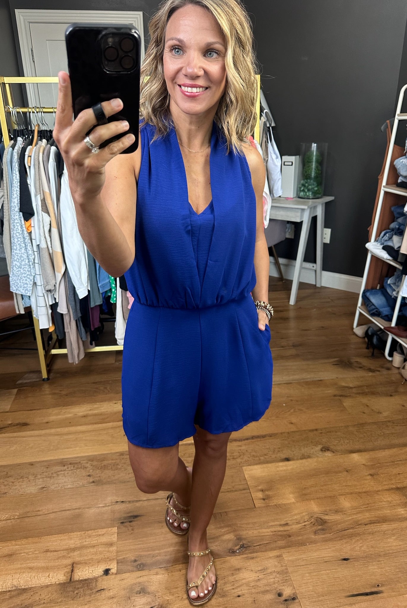 Your Attention V-Neck Romper - Dark Blue-Rompers-Entro-Anna Kaytes Boutique, Women's Fashion Boutique in Grinnell, Iowa