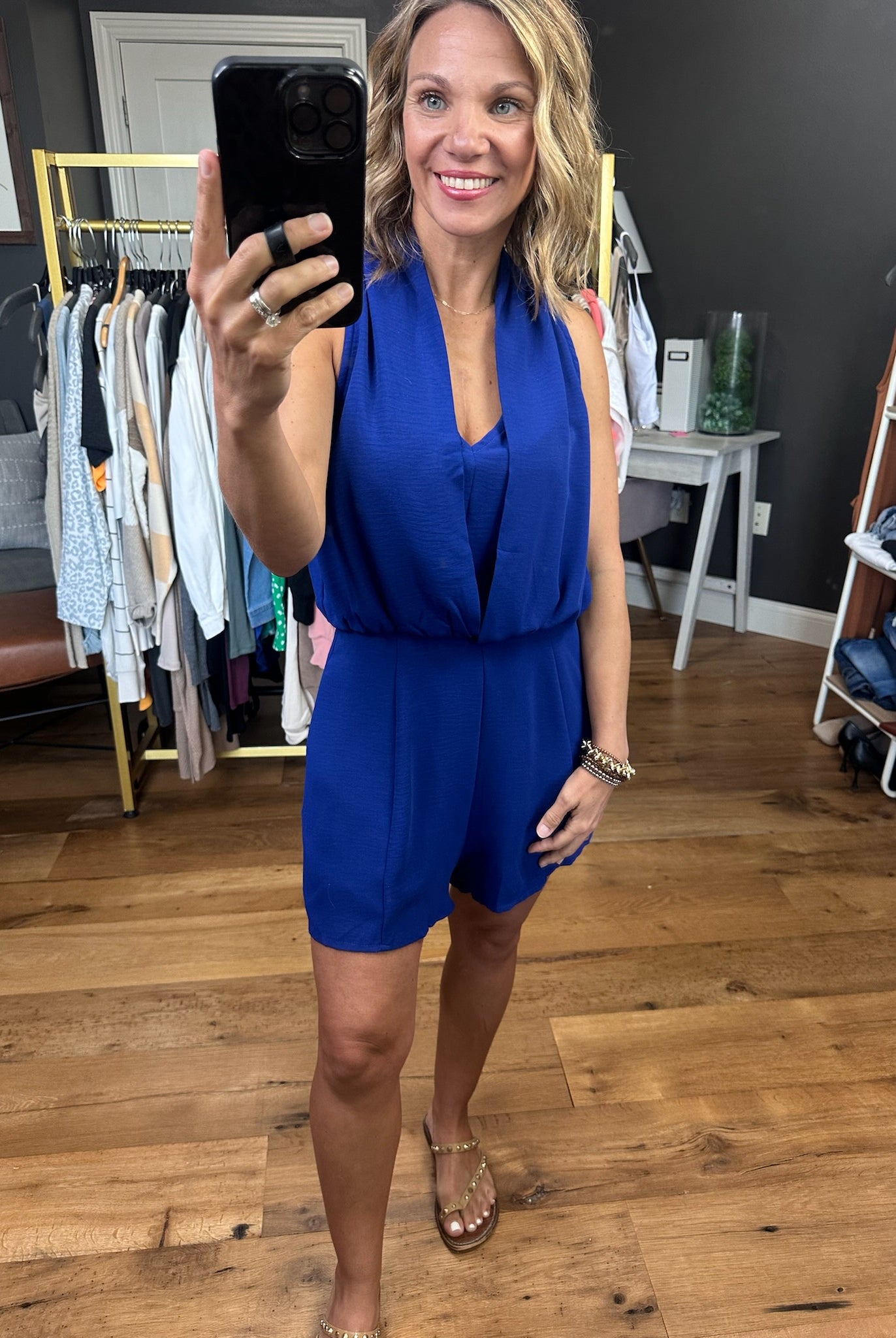 Your Attention V-Neck Romper - Dark Blue-Rompers-Entro-Anna Kaytes Boutique, Women's Fashion Boutique in Grinnell, Iowa