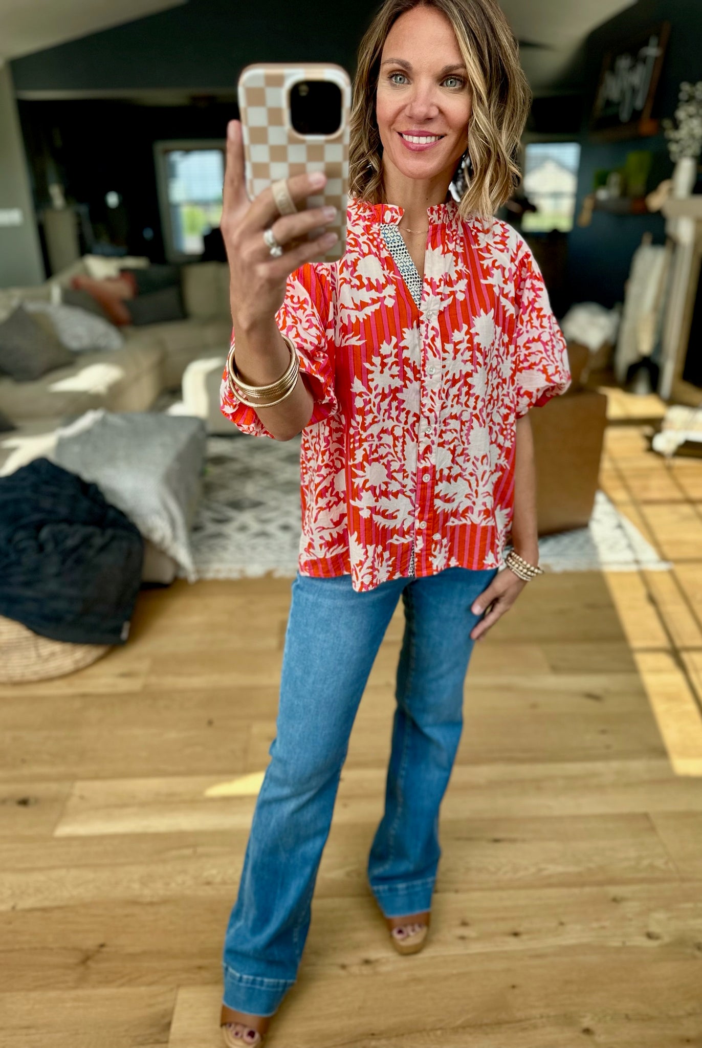 At The Hamptons Striped Button-Down Top - Red-THML-Anna Kaytes Boutique, Women's Fashion Boutique in Grinnell, Iowa