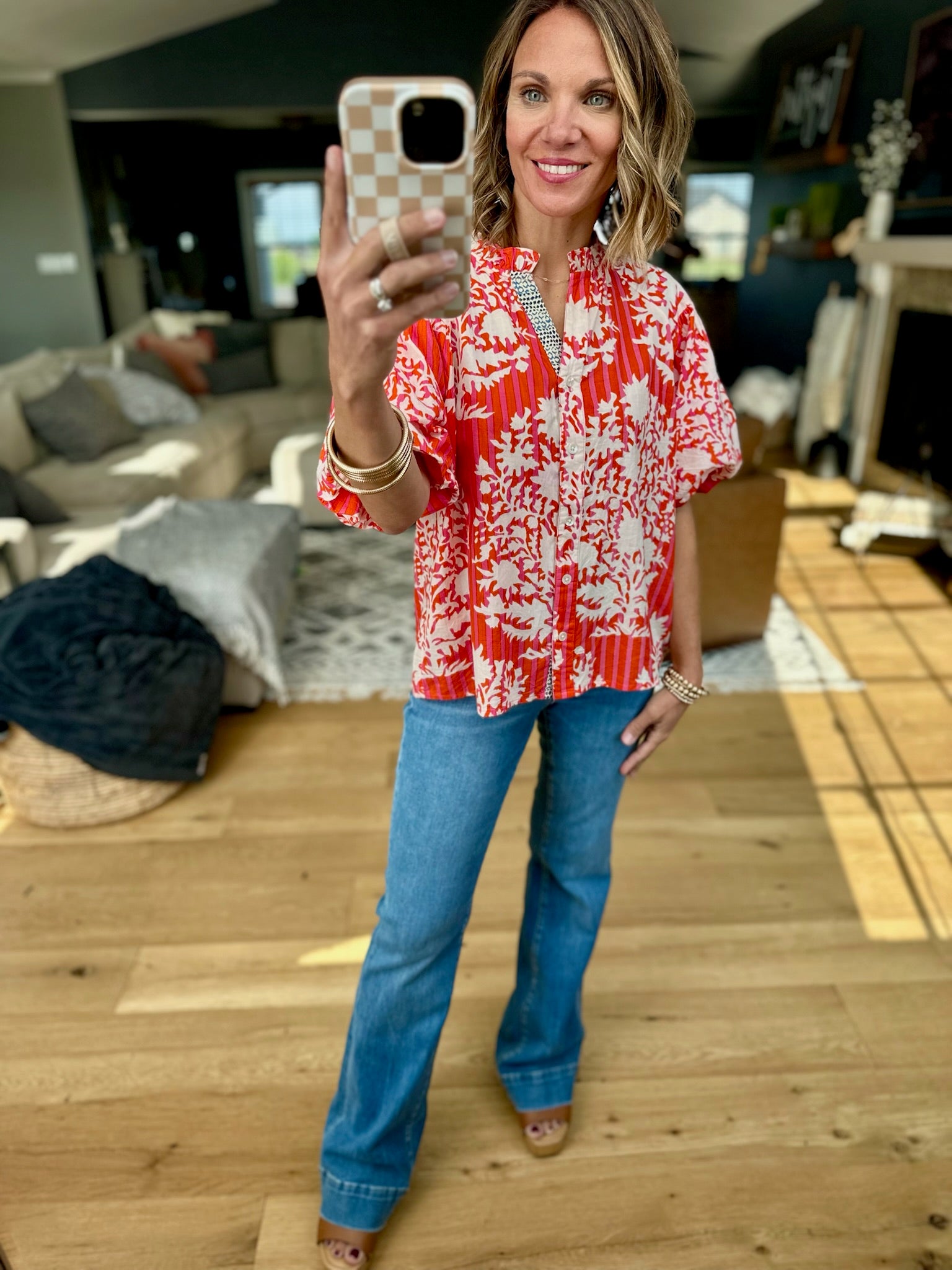 At The Hamptons Striped Button-Down Top - Red-THML-Anna Kaytes Boutique, Women's Fashion Boutique in Grinnell, Iowa