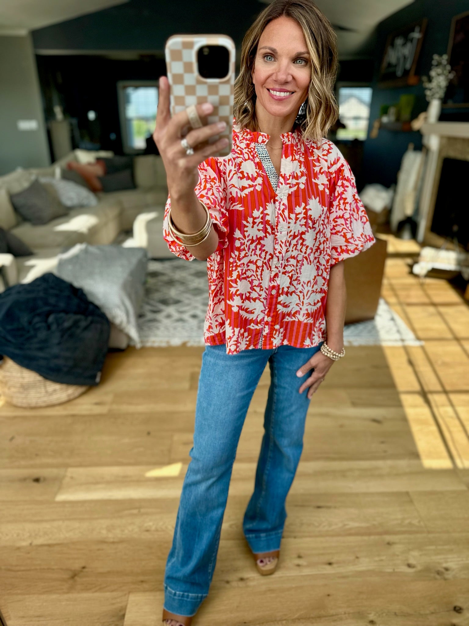 At The Hamptons Striped Button-Down Top - Red-THML-Anna Kaytes Boutique, Women's Fashion Boutique in Grinnell, Iowa