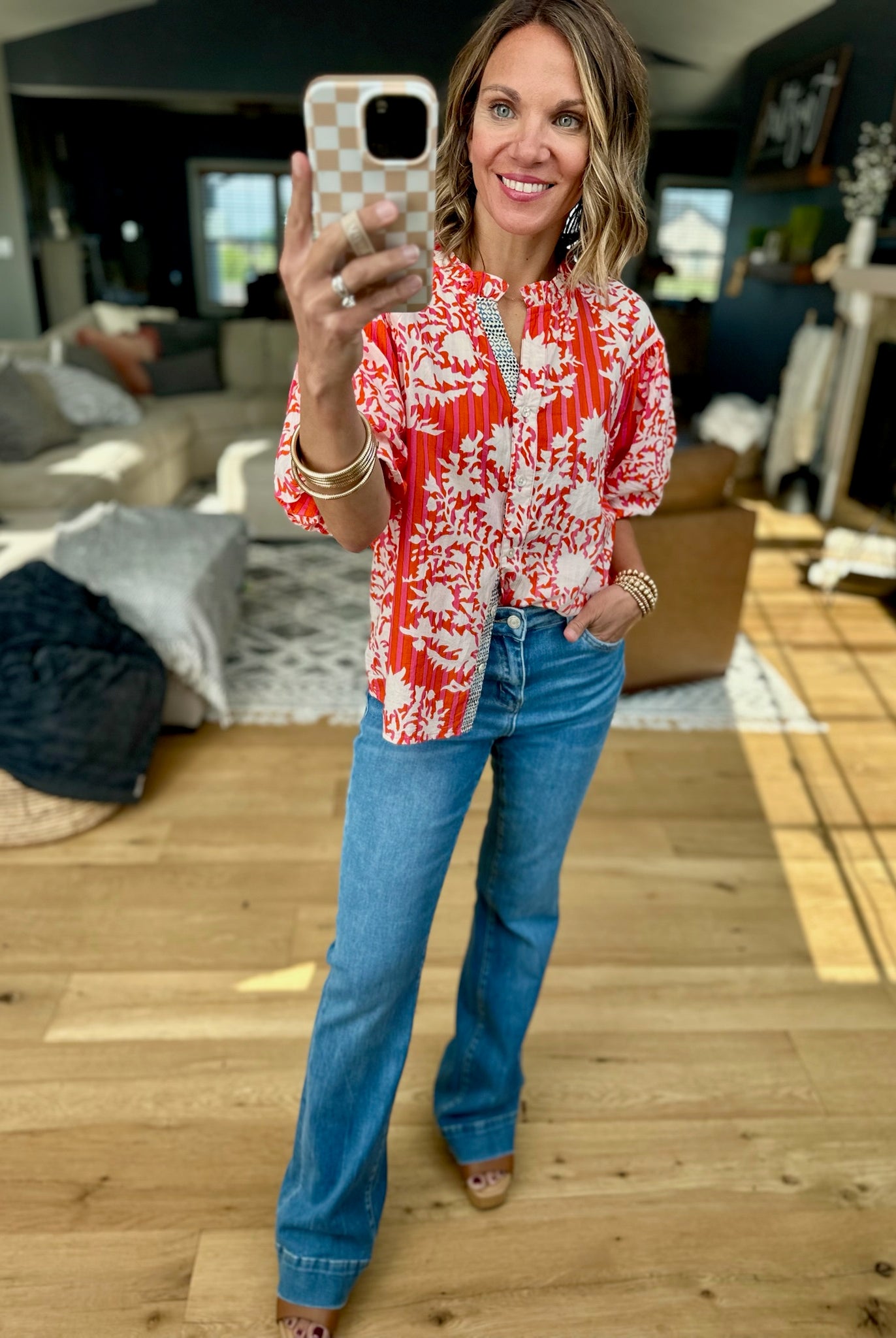 At The Hamptons Striped Button-Down Top - Red-THML-Anna Kaytes Boutique, Women's Fashion Boutique in Grinnell, Iowa