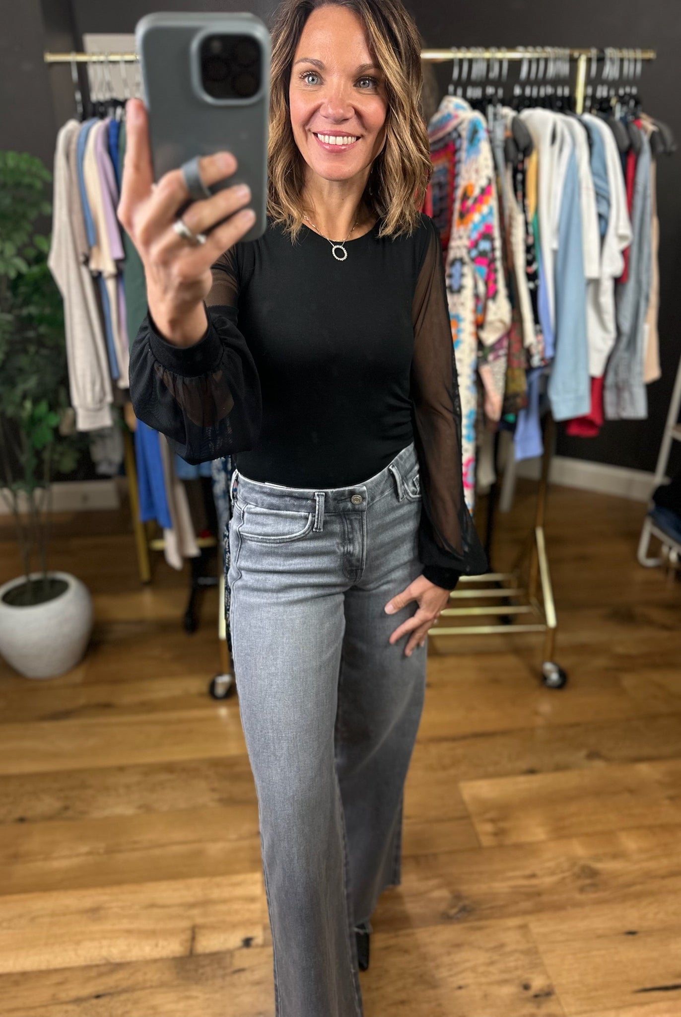 Looking Back Sheer-Sleeve Bodysuit-Long Sleeves-Wasabi & Mint-Anna Kaytes Boutique, Women's Fashion Boutique in Grinnell, Iowa